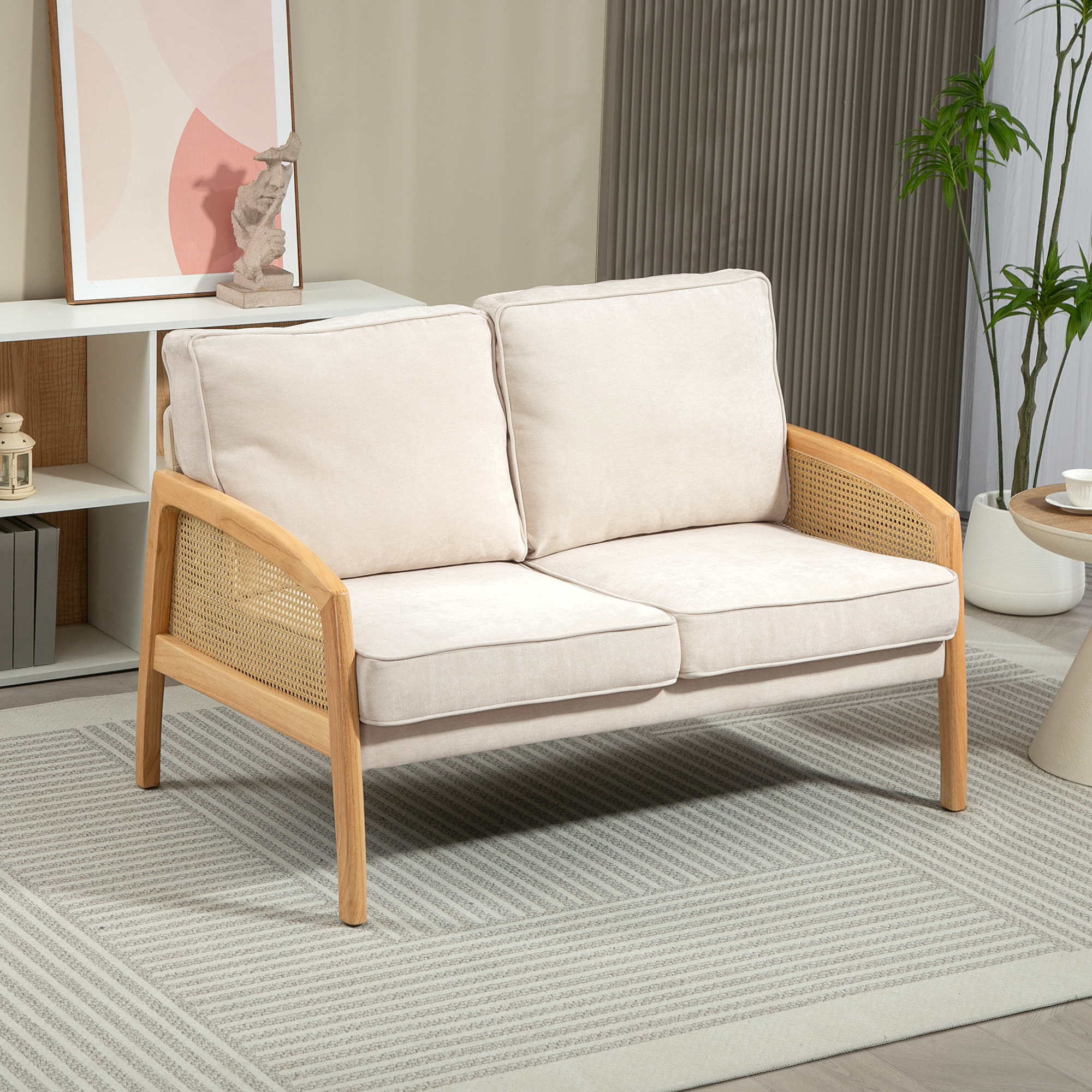 Image of 2-seater Chenille Upholstered Sofa With 2 Washable Cushions And Synthetic Rattan Armrests, Small Load Capacity 240 Kg, 123x75x88 Cm, Beige