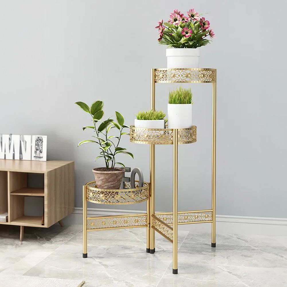 TEMU 3- Tier European Style Floor Standing Foldable Metal Planter Rack Flower Pot Holder For Living Room Balcony Golden Total Height 70cm Diameter