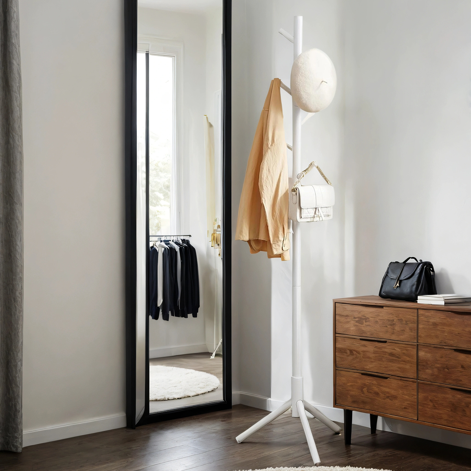 TEMU Cloakstand, Solid Wood Clothes Rack, Tree-shaped Wardrobe, 8 Hooks, 3 Adjustable , For Clothes, Hats, Bags