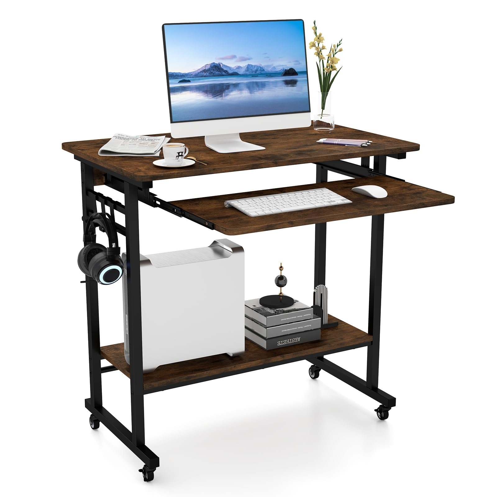 Desk With Casters, Keyboard Tray, Space- Computer Desk Pc Desk With Shelf Below And Hooks, Industrial Laptop Desk For Home Office