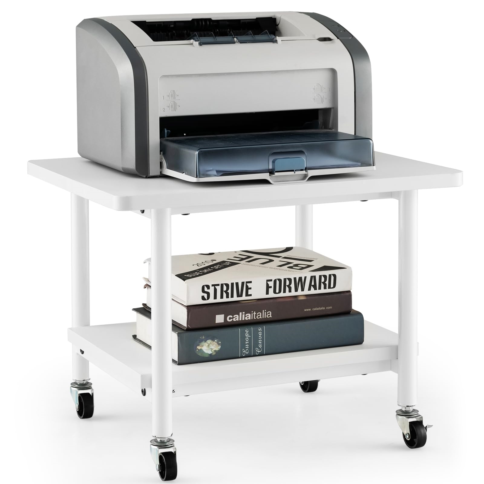 Printer Cart With Rollers, Printer Stand With Lockable Wheels, Printer Cart With 2 Levels, Printer Shelf Printer Holder For Office, Fax, 49 X 40 X 38 Cm (white)