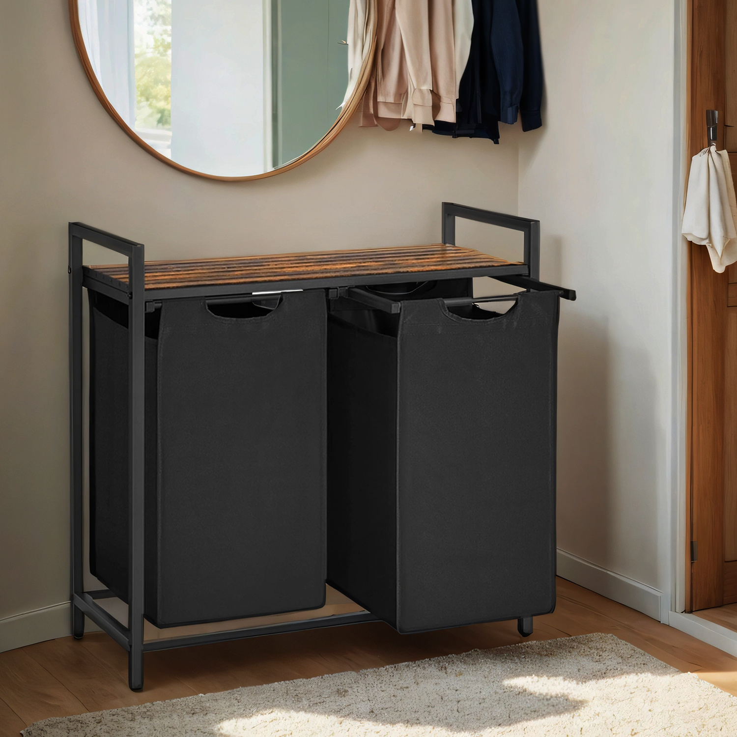 E-shop Wäschekorb 2 Fächer, Wäschesammler mit Ablage, Wäschebox, Wäschesack aus Oxford-Gewebe ausziehbar abnehmbar, 2 x 46 L