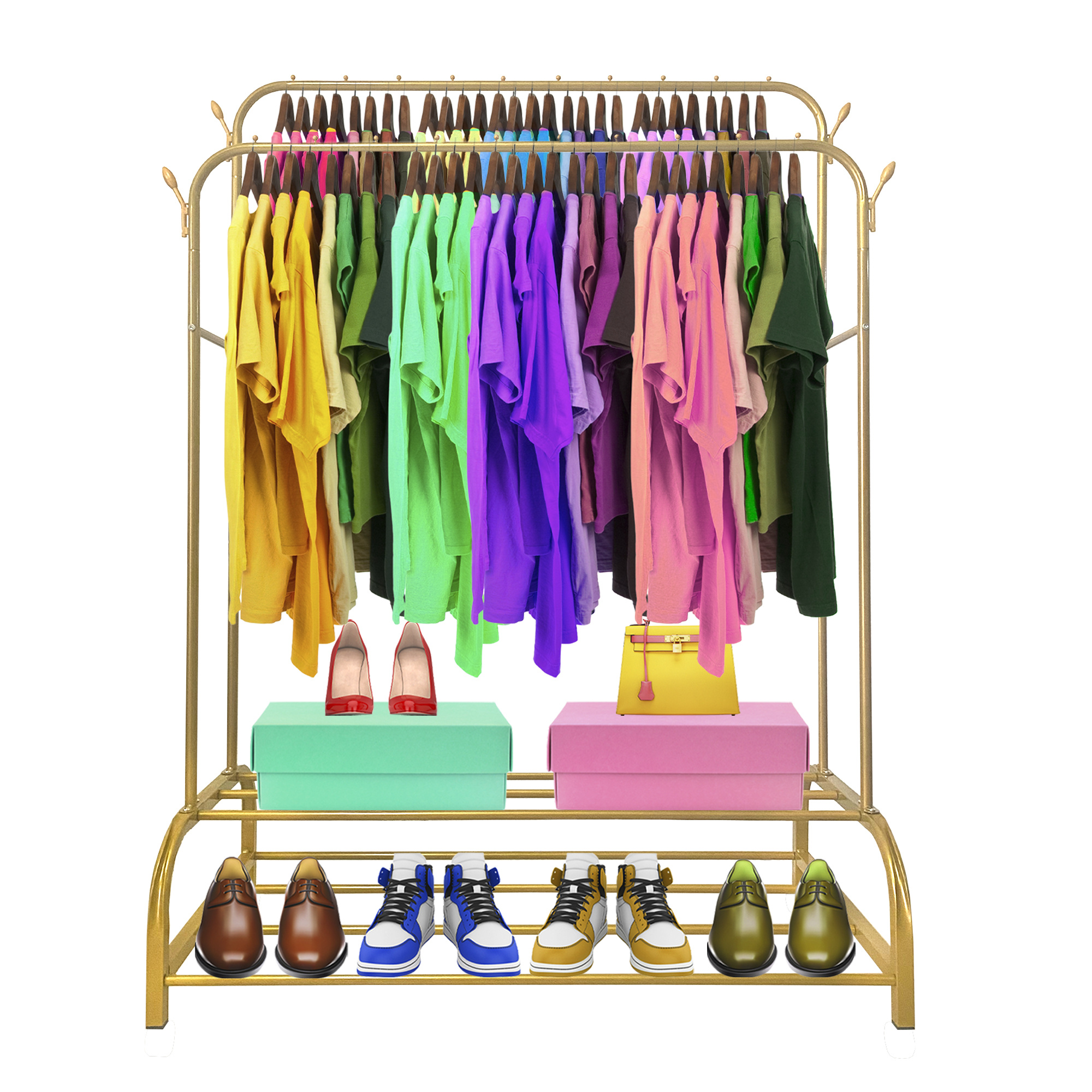TEMU Perchero Burro Premium Stand Home – 2 barras para colgar, 4 ganchos , 2 baldas inferiores – Organizador de ropa multifuncional – Estructura