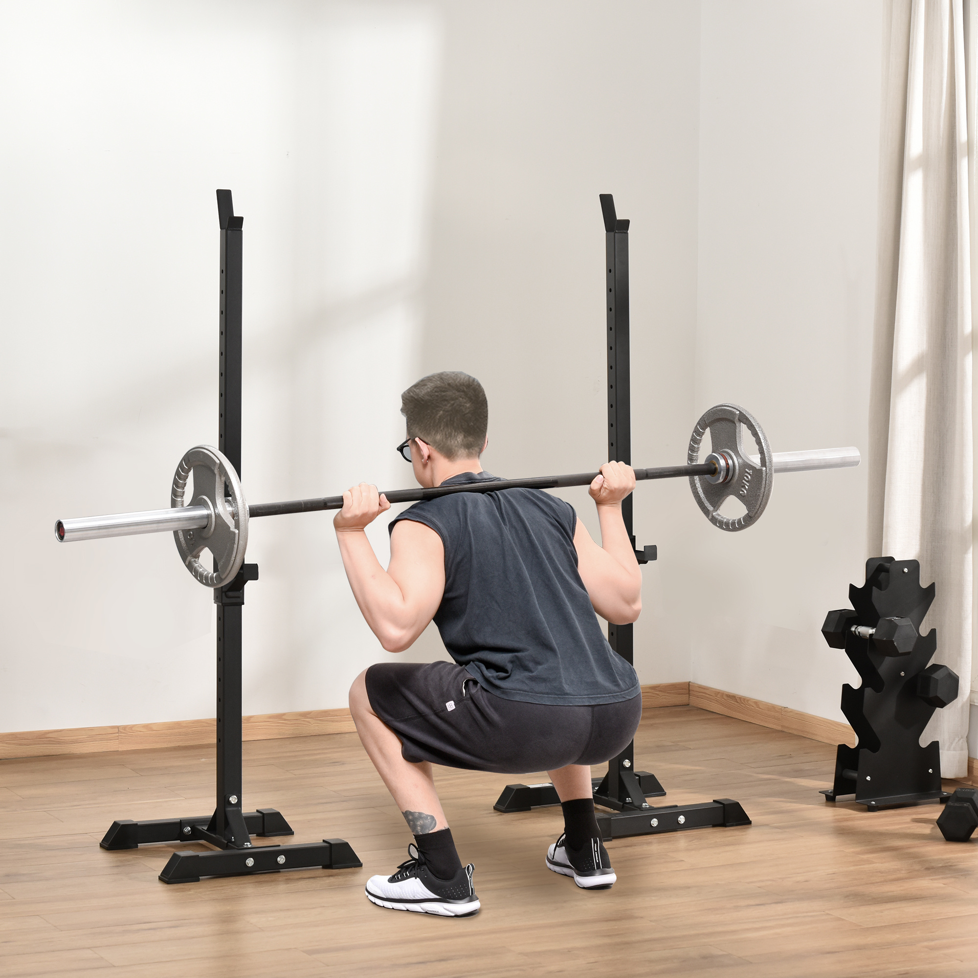 Image of Dumbbell Stand, 2pcs Set, Barbell Rack, Adjustable Dumbbell Rack, Barbell With Rubber Feet, 105-160 Cm, Strength Training, Up To 150 Kg, Steel