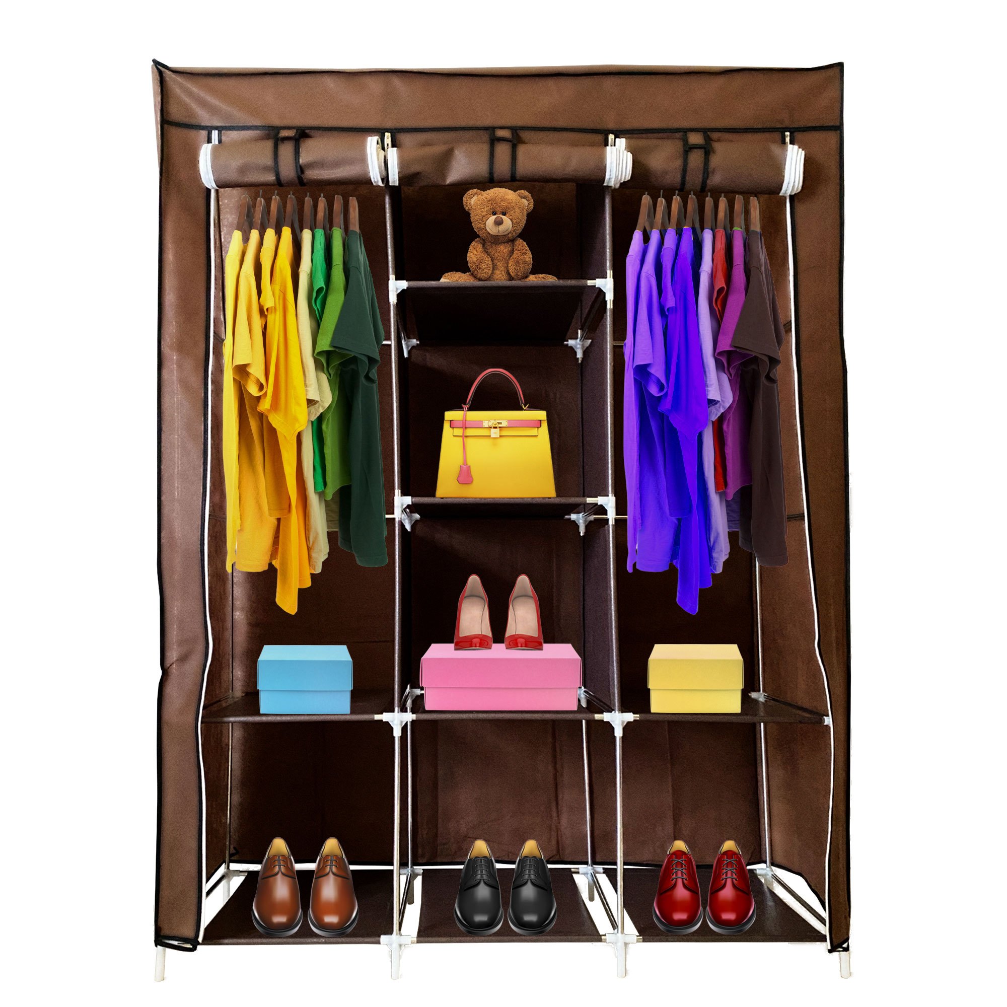 TEMU Armario Vestidor de Tela Home 170x127x45 cm, Organizador de Ropa con Cremallera, Bolsillos , , 6 Huecos, 2 Roperos, Estructura de Acero, Fácil