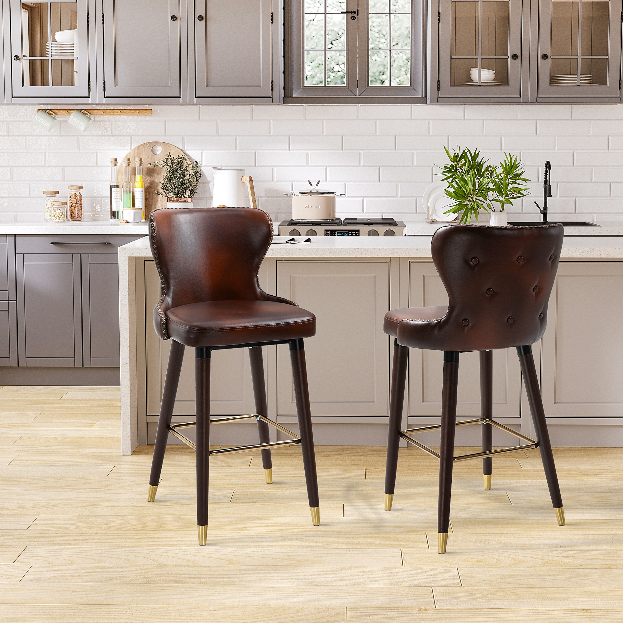2-piece Set Of Bar Stools With Footrest, Bar Chair With Backrest, Bistro Stool, Dining Chair, Counter Stool, Leather, Brown, 52 X 53 X 101 Cm