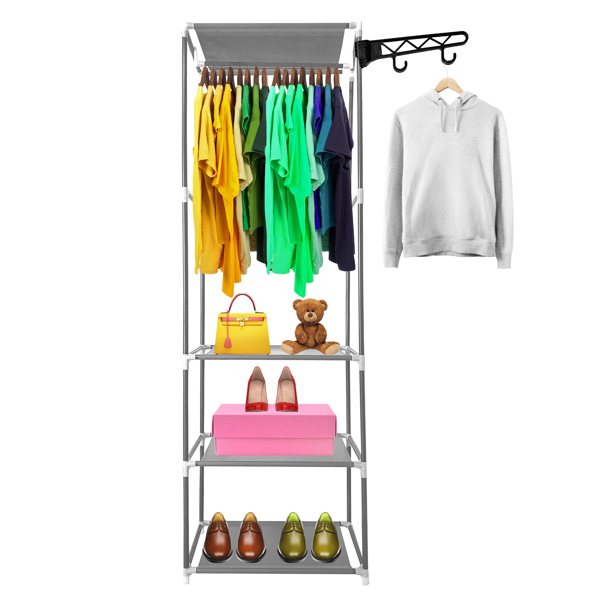 TEMU Armario Vestidor Modular Home 170x55x35cm Baldas, Barra Colgador y Perchero Lateral - Organización de Ropa y Complementos para Dormitorio