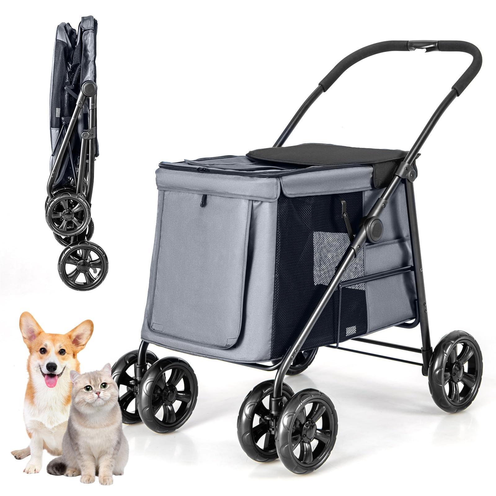 Dog Stroller, Foldable Dog Buggy Up To 40 Kg, Dog Trolley With Cushions, Pet Stroller With Mesh Windows & Top Storage Compartment & 2 Doors & Side Pockets, Pet Buggy For Dogs And Cats (grey)