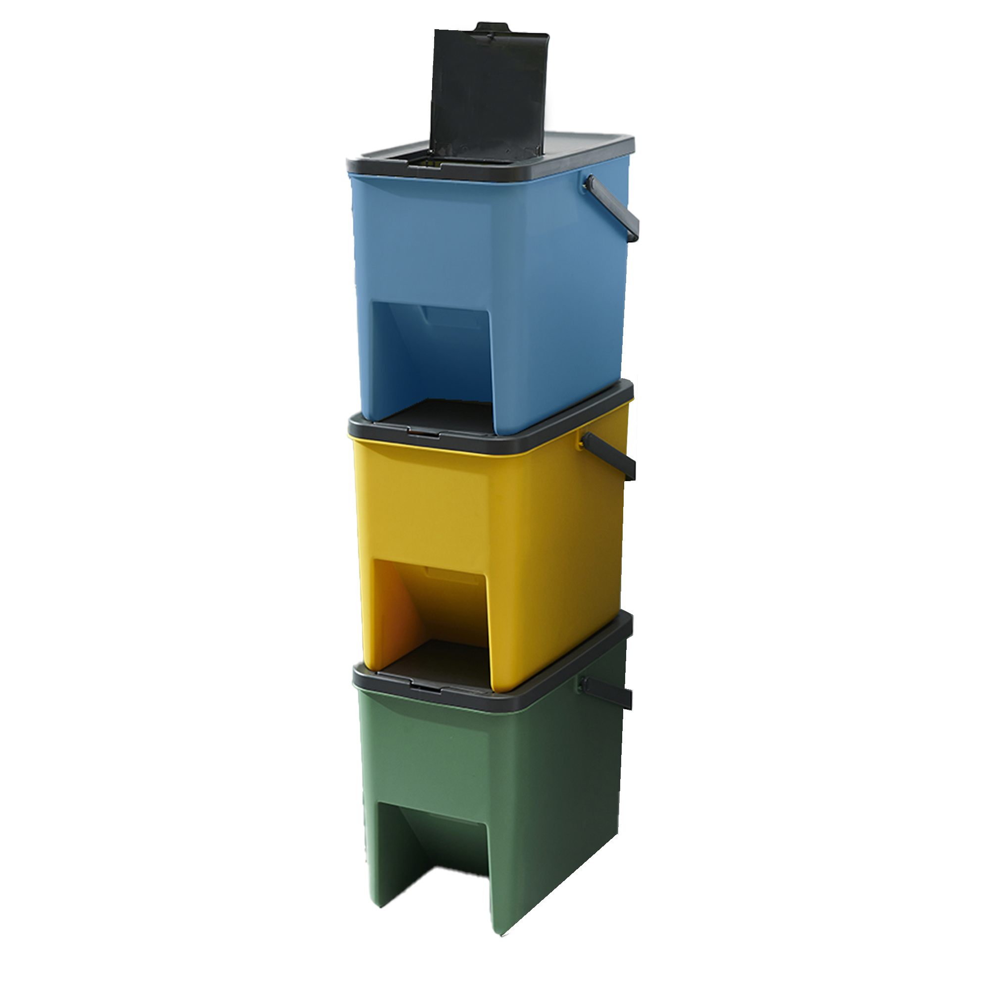 Set Of 3 Stackable Recycling Bins By Bergen - Durable Plastic Sorting Bins In Yellow, Blue, And Green For Home, Office, Kitchen, And Waste Organization
