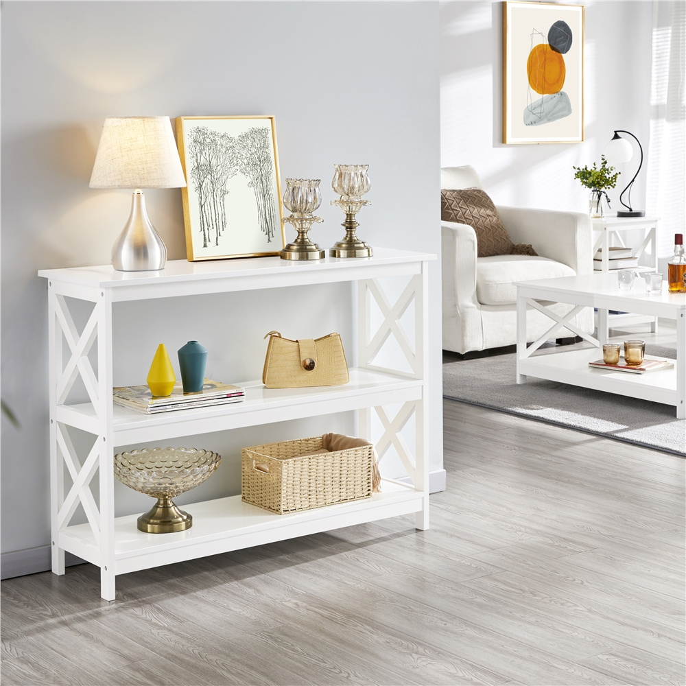 Image of Costoffs X-shaped Console Table With 3 Shelves, Entrance Table Frame, Hallway Table, Narrow Side Table Made Of Wood With Lots Of Storage Space