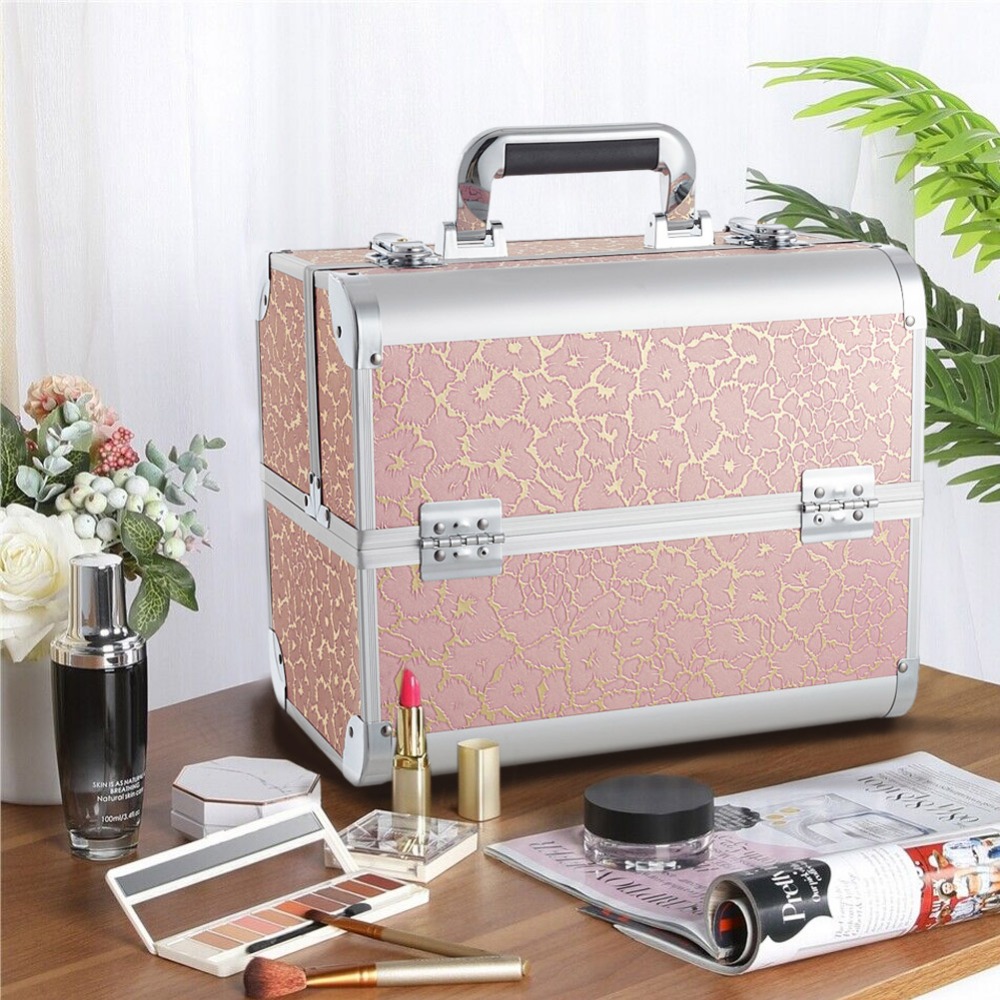 TEMU Makeup Box Vanity Case Cosmetic Organiser Box Beauty Storage Train Case, Lockable With Keys, Makeup Case, Large Capacity Portable Aluminum Alloy