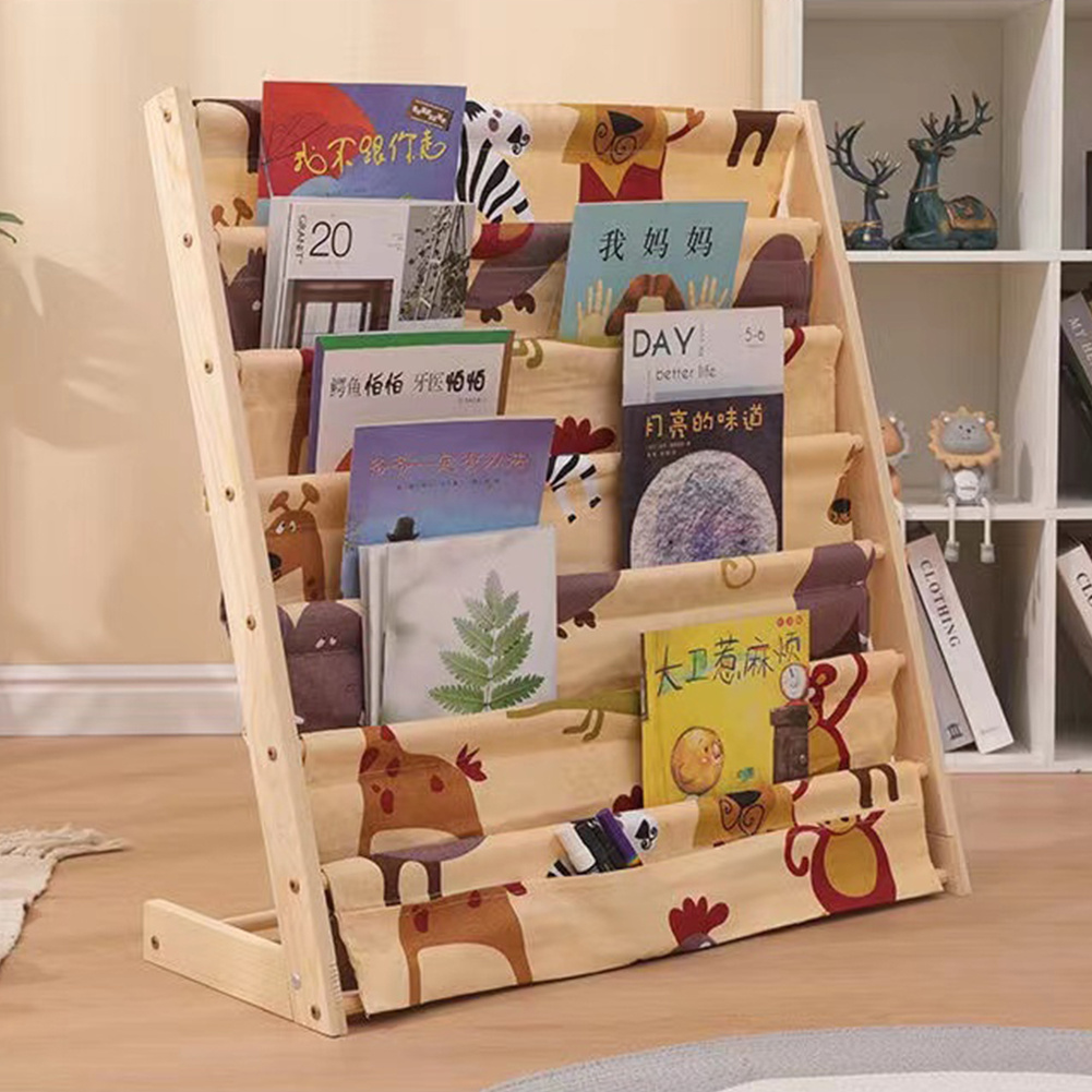 TEMU BAKAJI per Bambini in Legno Naturale e Tela, Portariviste a 6 Ripiani Salvaspazio, Scaffalatura Espositore da Cameretta, Dimensioni 60 x 30 x 80