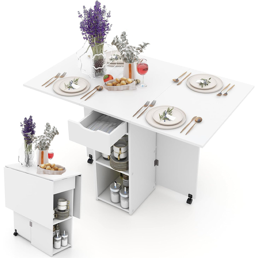 TEMU Shally Space-saving Folding Dining Table With Wheels, Folding Desk With 2 Shelves And 1 Drawer, Modern Design Ideal For Home, Office, 120 X 77 X