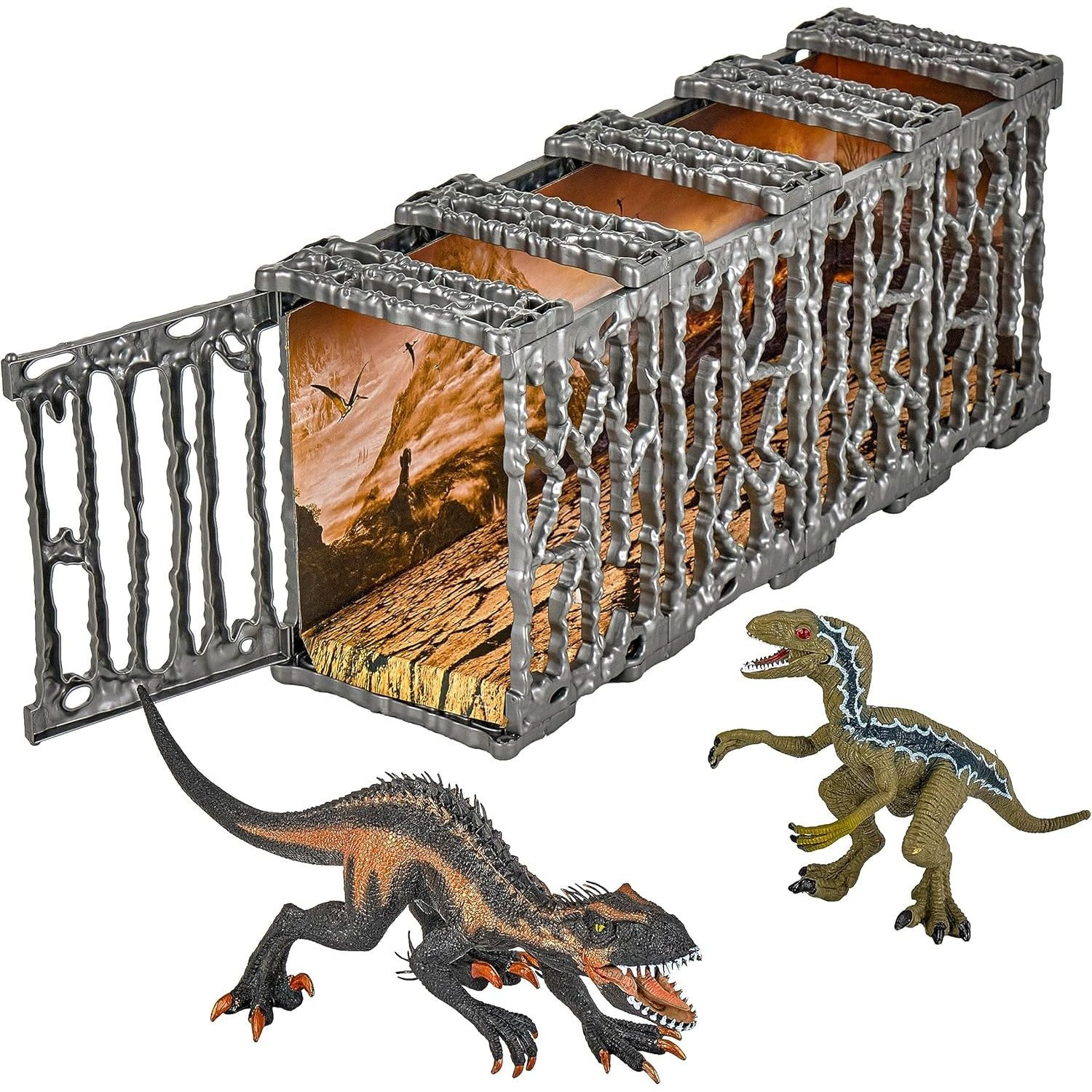 Image of Baroni Toys Dinosaur Game For With Cage With 2 Dinosaurs Included, 1 Background For Fighting And A Re-closable Cage, Velociraptor And , For From 3 Years Old