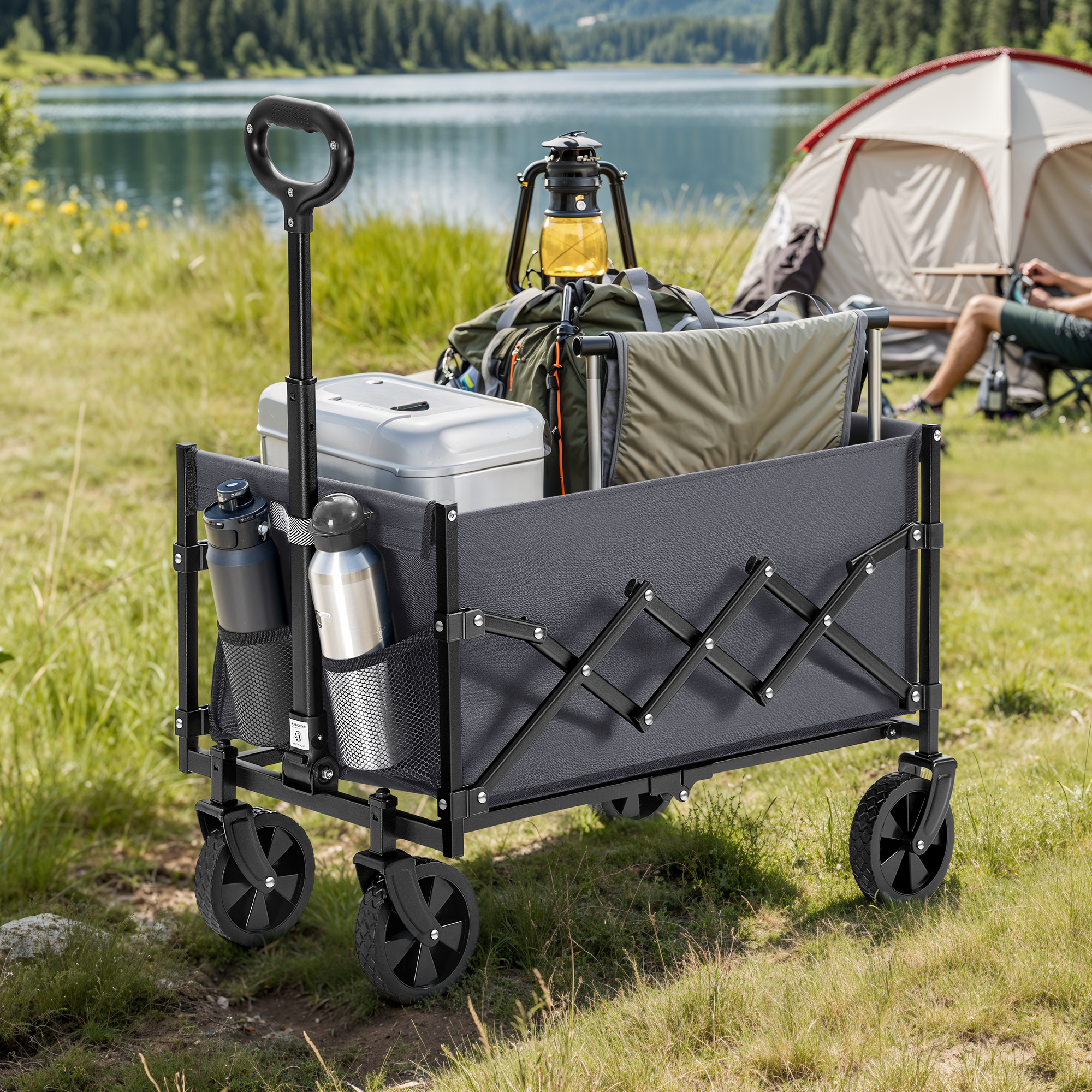 E-shop Handwagen faltbar, , Gartenwagen, kompakt, mit Griff, mit 4 verstärkten Rollen, Davon 2 Universalräder, bis 150 kg belastbar, Outdoor, Garten,