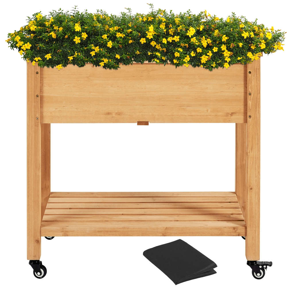 Image of Costoffs Planter Box With 4 Rollers & 1 Open Shelf Raised Bed With Storage Floor, Flower Pot Bed Made Of Wood Planting Bed