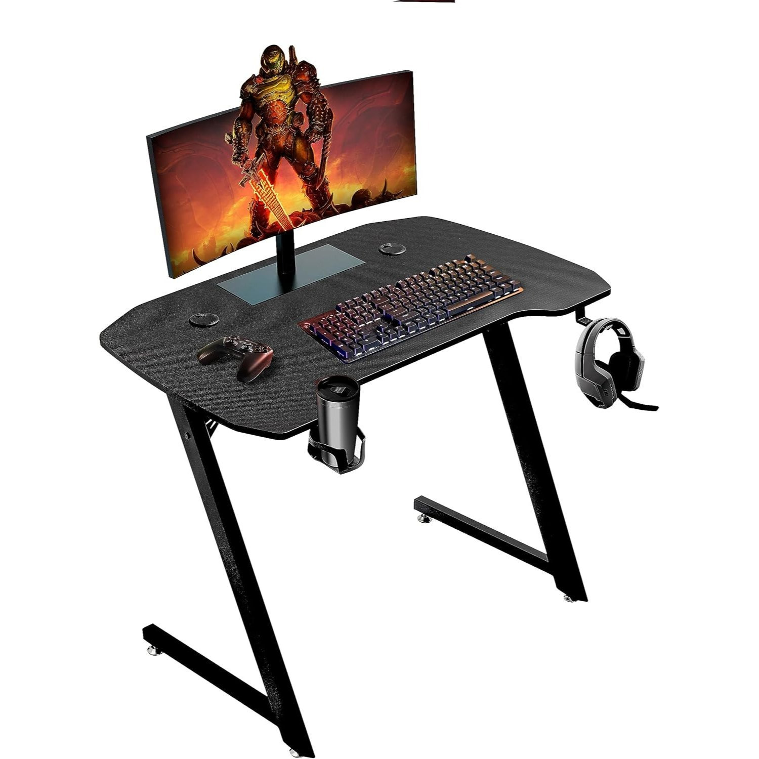 TEMU Baroni Home Bureau de Jeu Ergonomique pour Ordinateur avec Support et Crochet pour Casque et Porte-verre, Table de Jeu en MDF et Acier