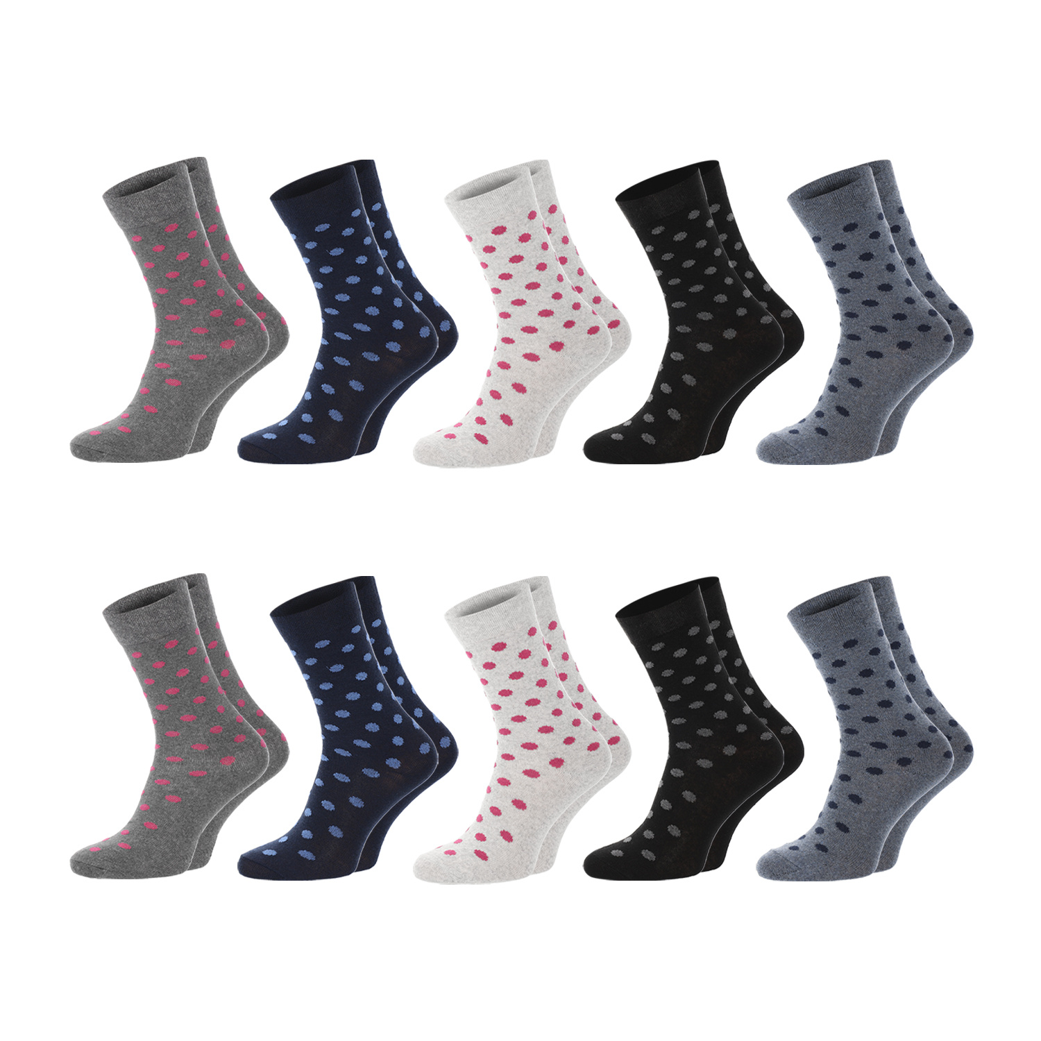 Image of 10 Pairs Of Chili Lifestyle Punkte Socks For Women, Soft Waistband Without Band, Cotton, 10 Pairs, Black, Grey, Jeans Blue, 35-38 / 39-42