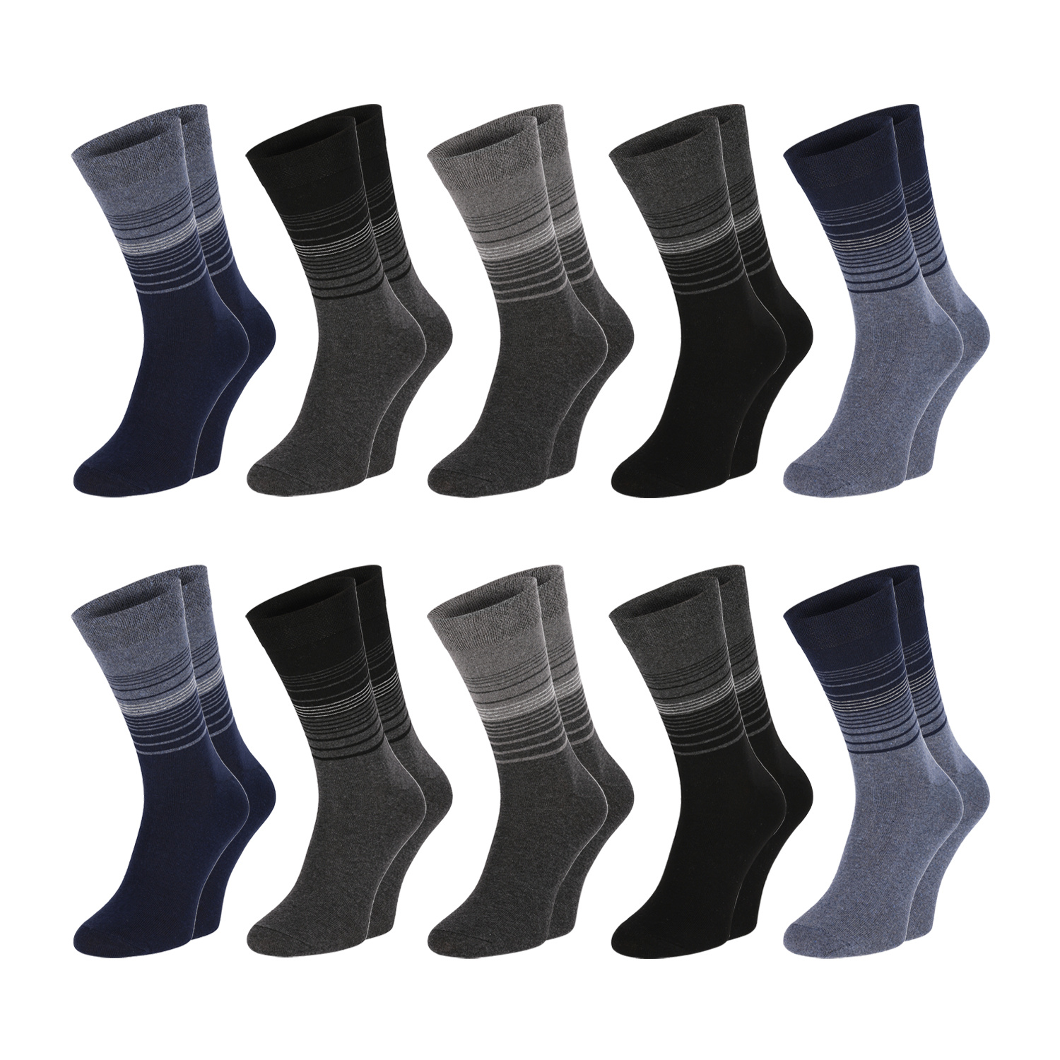 Image of 10 Pairs Of Chili Lifestyle Striped Socks For Men And Women, Without Print, Cotton, 10 Pairs, Black, Grey, Jeans Blue, 39-42 / 43-46