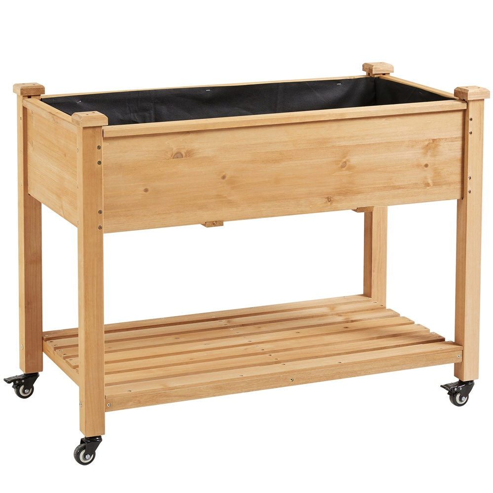 E-shop Costoffs Pflanzkasten mit Ablageboden und Rollen Hochbeet Pflanztrog Blumenkübel Kräuterbeet aus Holz, Pflanzbeet für Garten Terrasse und Balkon