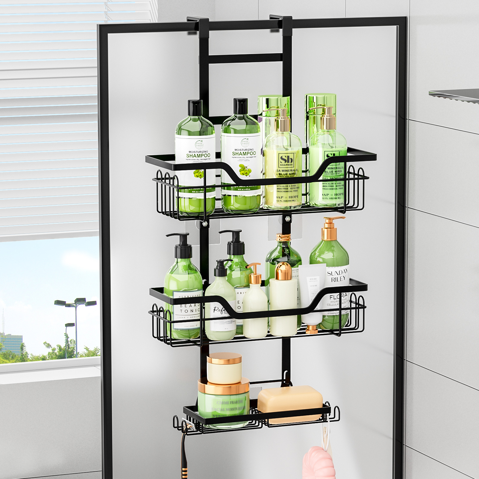 TEMU 1pc 3-tier Over-the-door Shower Caddy Rack, Rustproof Cast Iron Hanging Bathroom Organizer With Soap Holder, Space-saving Bath Accessories, Home Decor