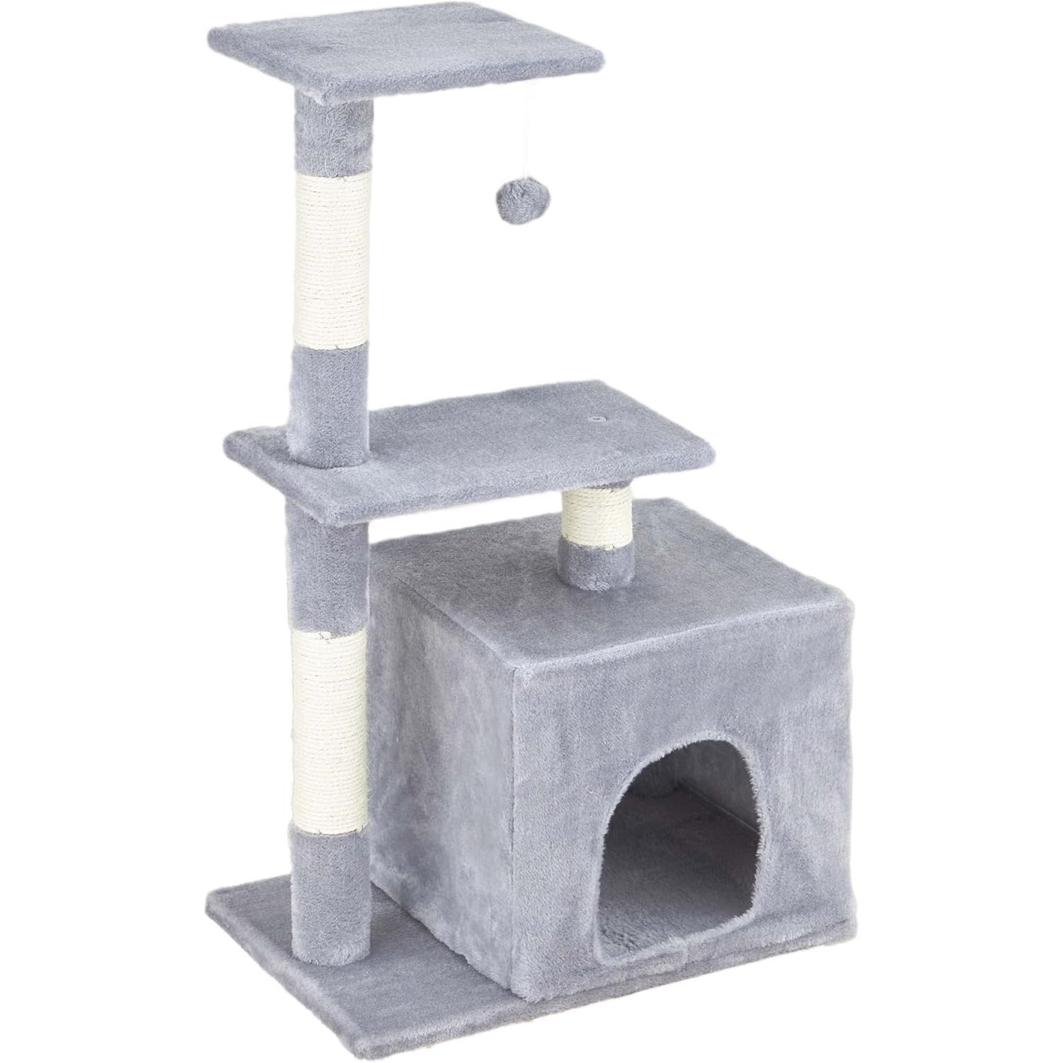 TEMU Baroni Home Cat Tree Scratching Post For Cats, Brown | Cream | Gray, 45x30x78 Cm, 2-level Scratching Tree With Ball And Bed, Interactive Toy For