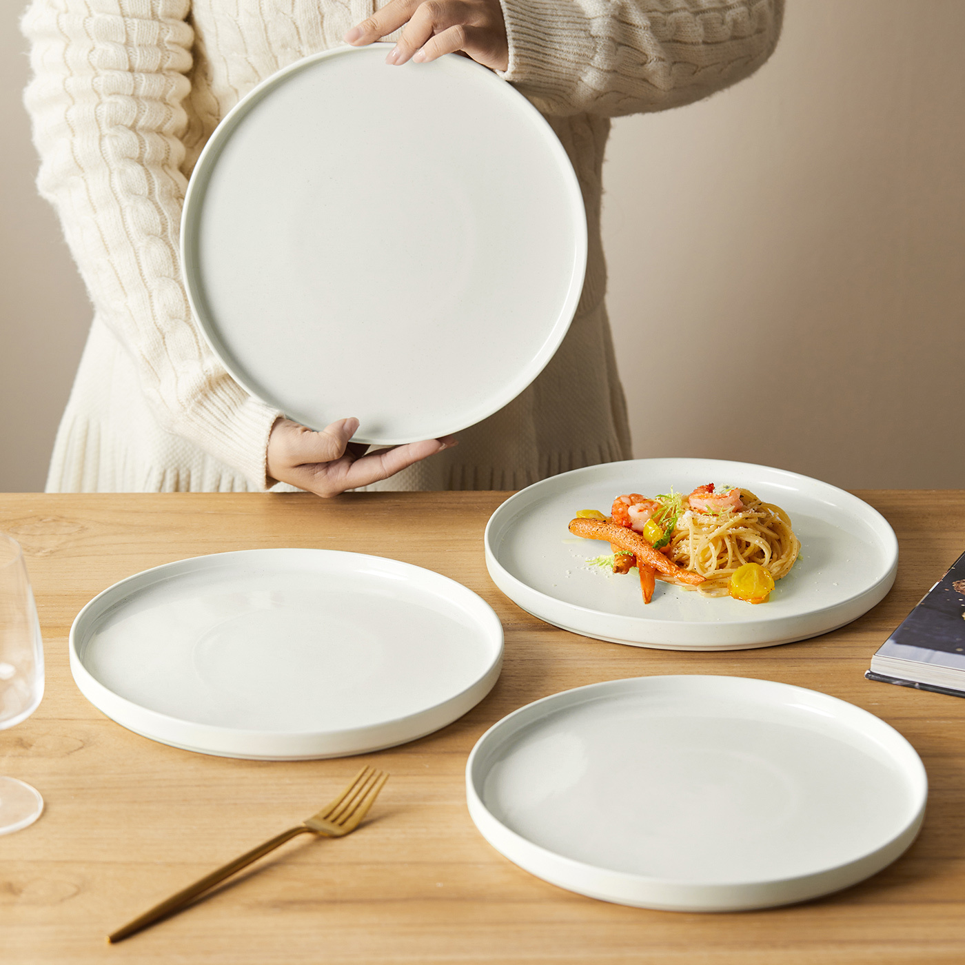 Salad Plate Dinner Plates With Lips 4pcs Ø26Cm Plate Set, White