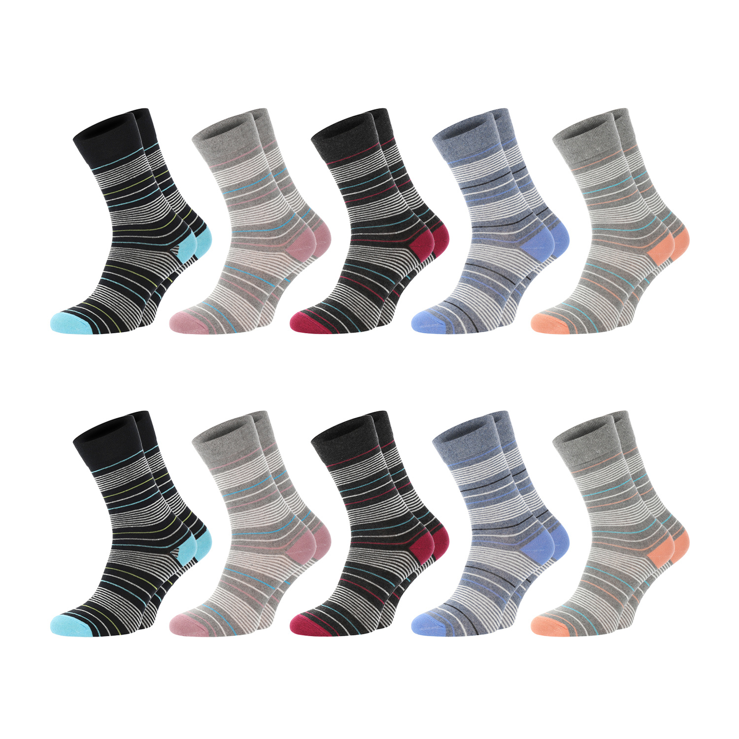 Image of 10 Pairs Of Chili Lifestyle Striped Socks For Women, Soft Waistband Without Pressure, Cotton, Ring-pattern Socks, 10 Pairs, Black, Grey, Jeans Blue, Sizes 35-38 / 39-42