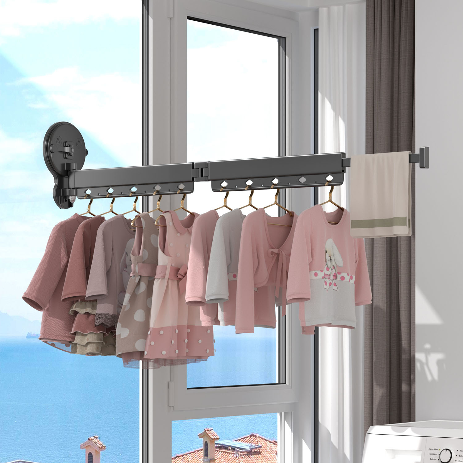 TEMU Taylor & Brown Clothes Drying Rack Wall Mounted 2-fold Retractable Fold Away Laundry Airer Garment Rack With 10 Hooks, 360° Rotating With Double