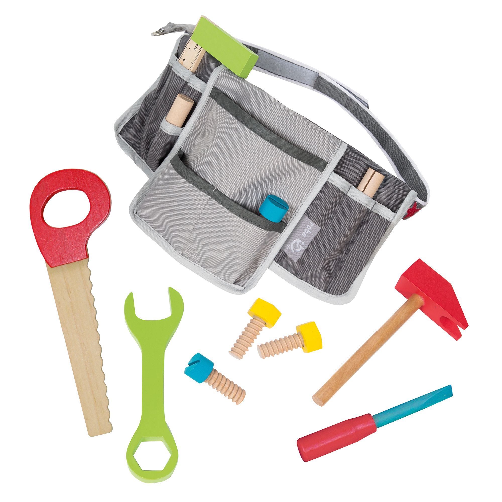 Roba Children's Tool Belt . Tool Bag With 11-piece Wooden Tool Set, Adjustable