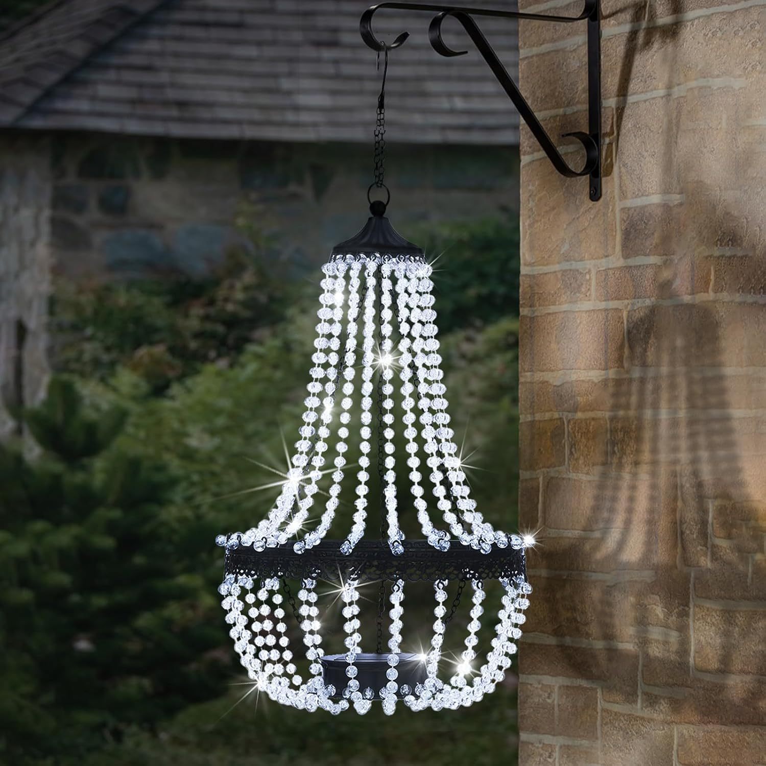 taylor brown 28 tall hanging solar powered acrylic crystal chandelier light lantern modern outdoor   with 30 cool white led lights for yard patio and gazebo decorations
