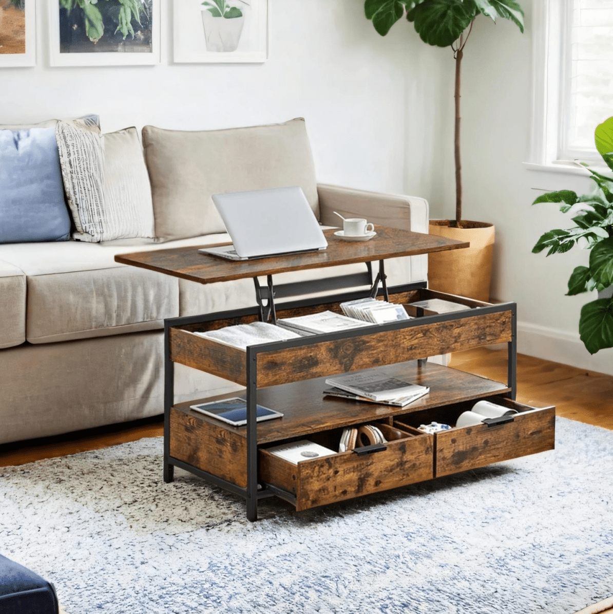 Table Basse Relevable, Table de Salon, avec Tiroirs, Compartiments Cachés et Étagère Ouverte