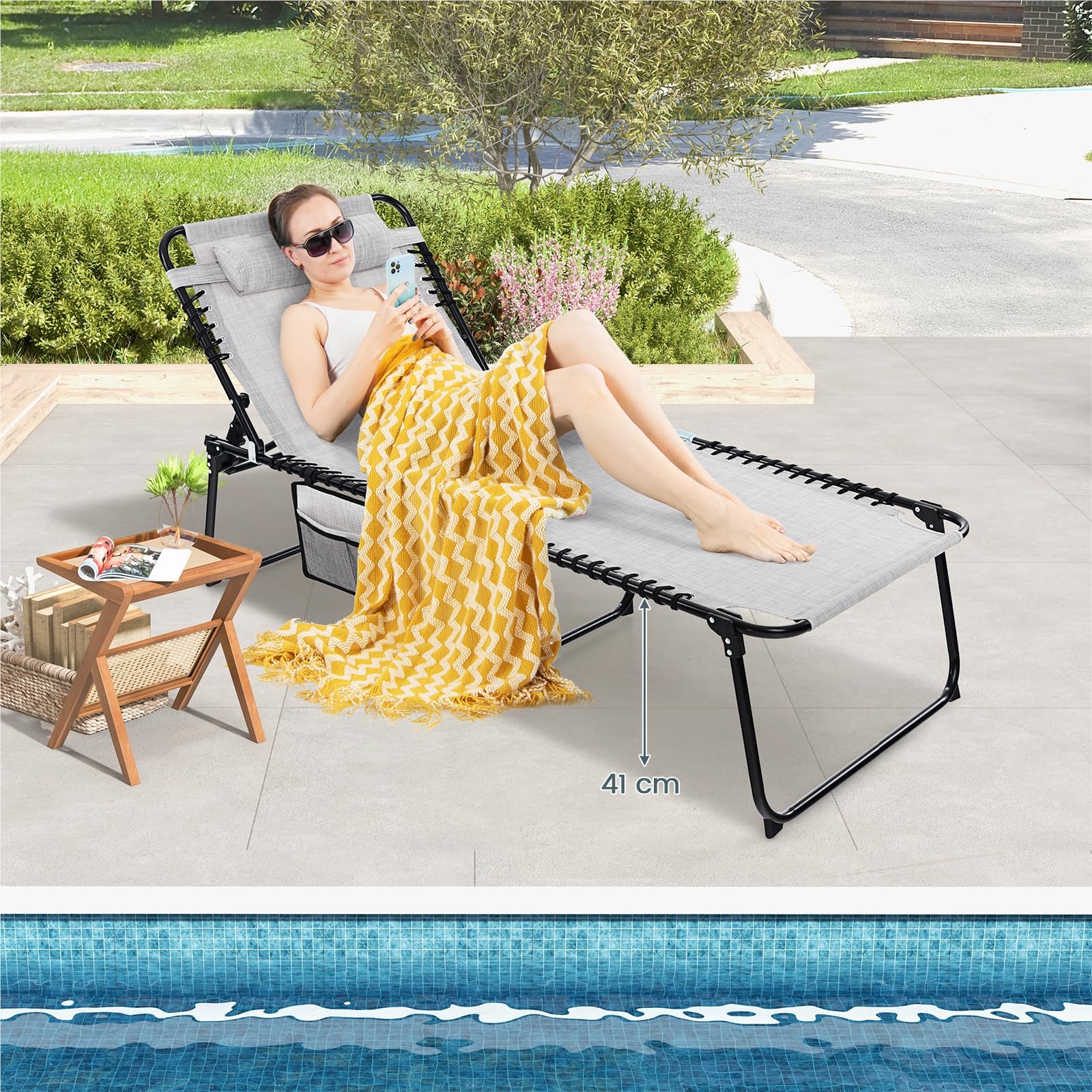 Image of Sun Lounger With Headrest And Side Pocket, High Seat Height, 69 Cm Wide, Folding Garden Lounger With Adjustable Backrest, Beach Lounger Up To 200 Kg Load Capacity, Garden Lounger (grey)