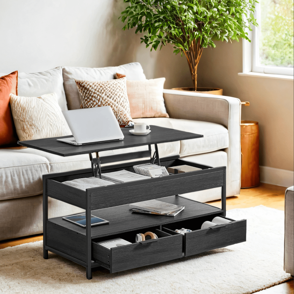 Table Basse Relevable, Table de Salon, avec Tiroirs, Compartiments Cachés et Étagère Ouverte