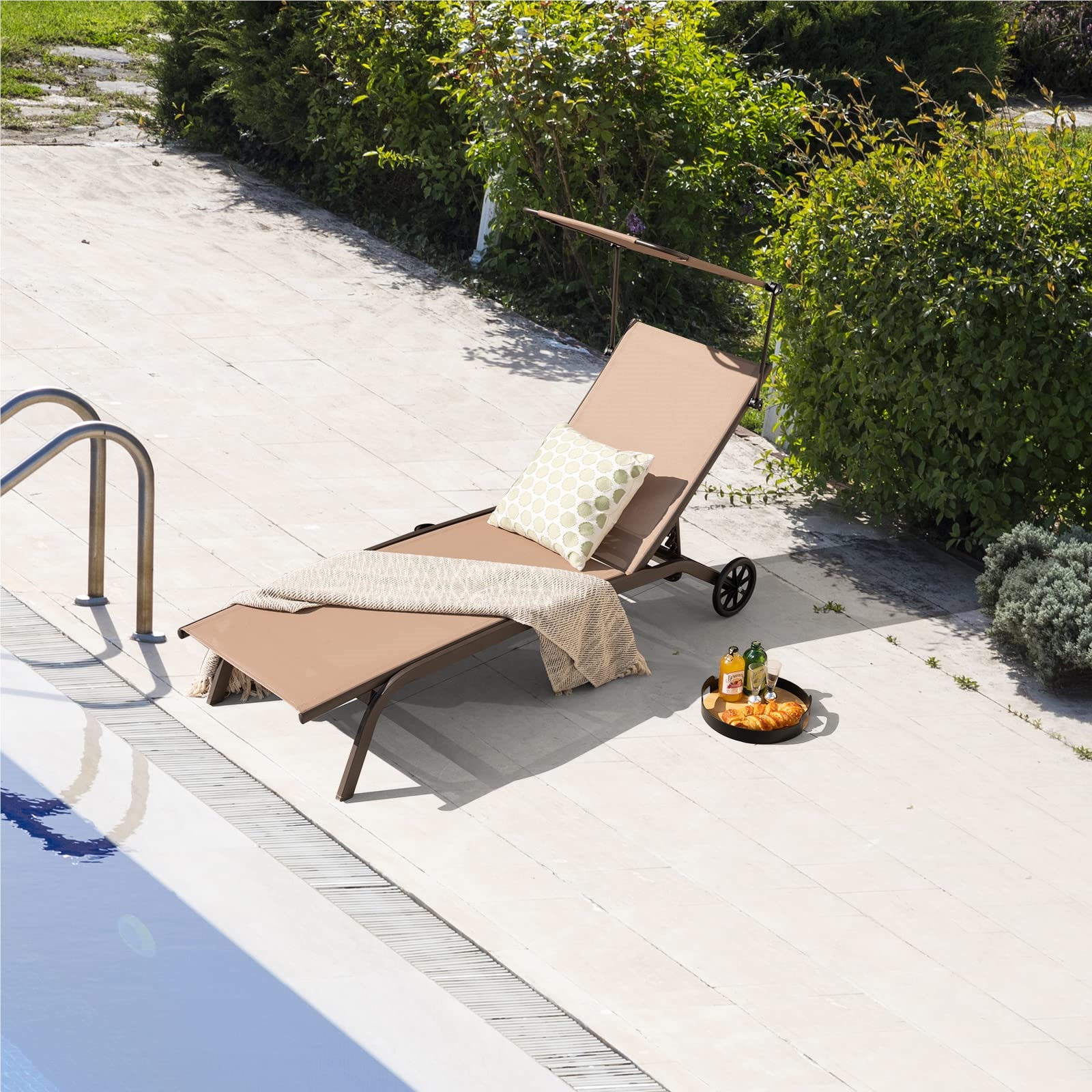 Image of Sun Lounger With Wheels, Canopy And Drink Holder, Garden Lounger With Adjustable Backrest, Patio Lounger, Outdoor - Deck Chair, Beach Lounger For Garden, Terrace, Pool (brown)