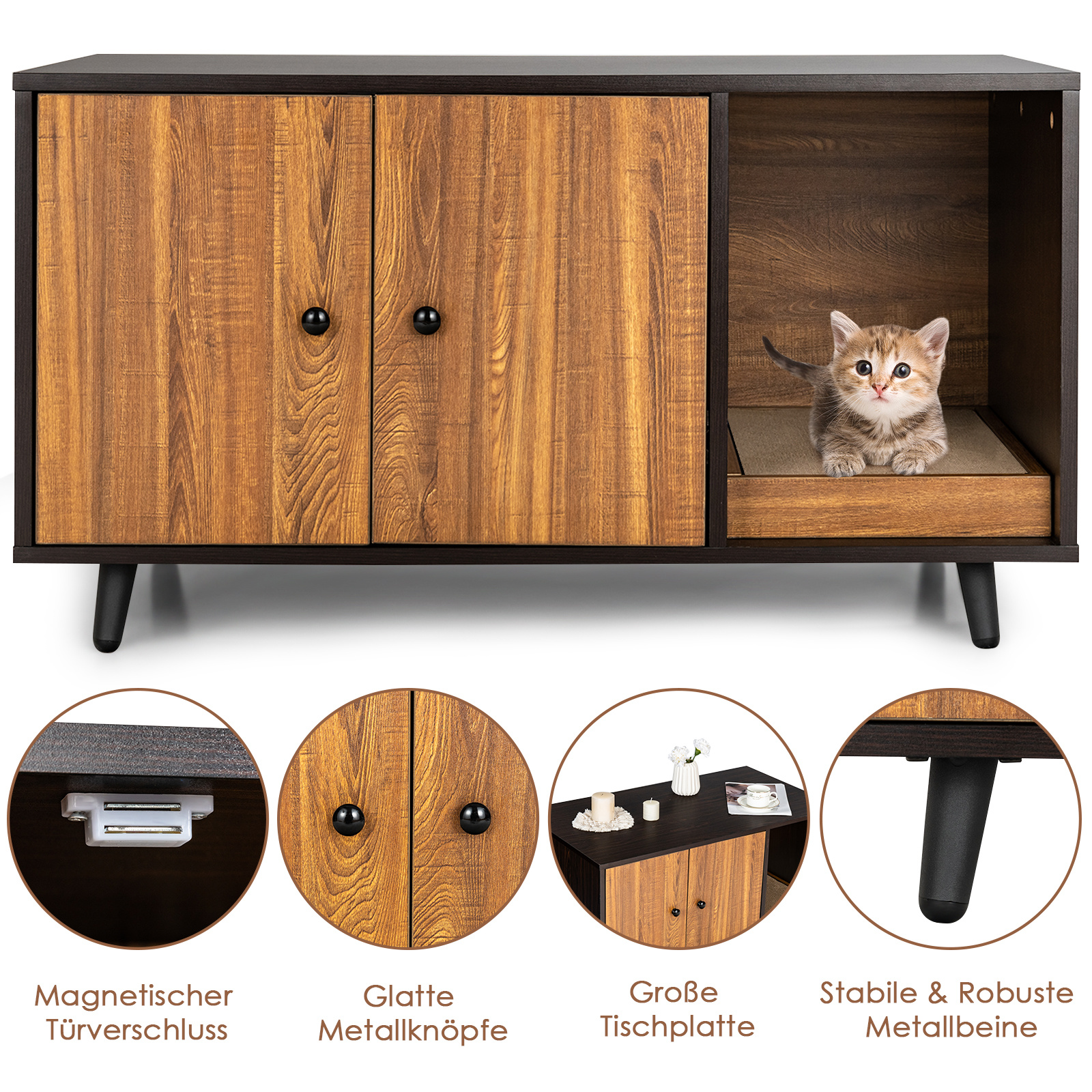 2 In 1 Side Table And Cat Shelf With Scratching Board, Cat Litter Box Coffee Table, Cat House Cat Cave Cat Toilet Wood, 90x50x50cm (brown)