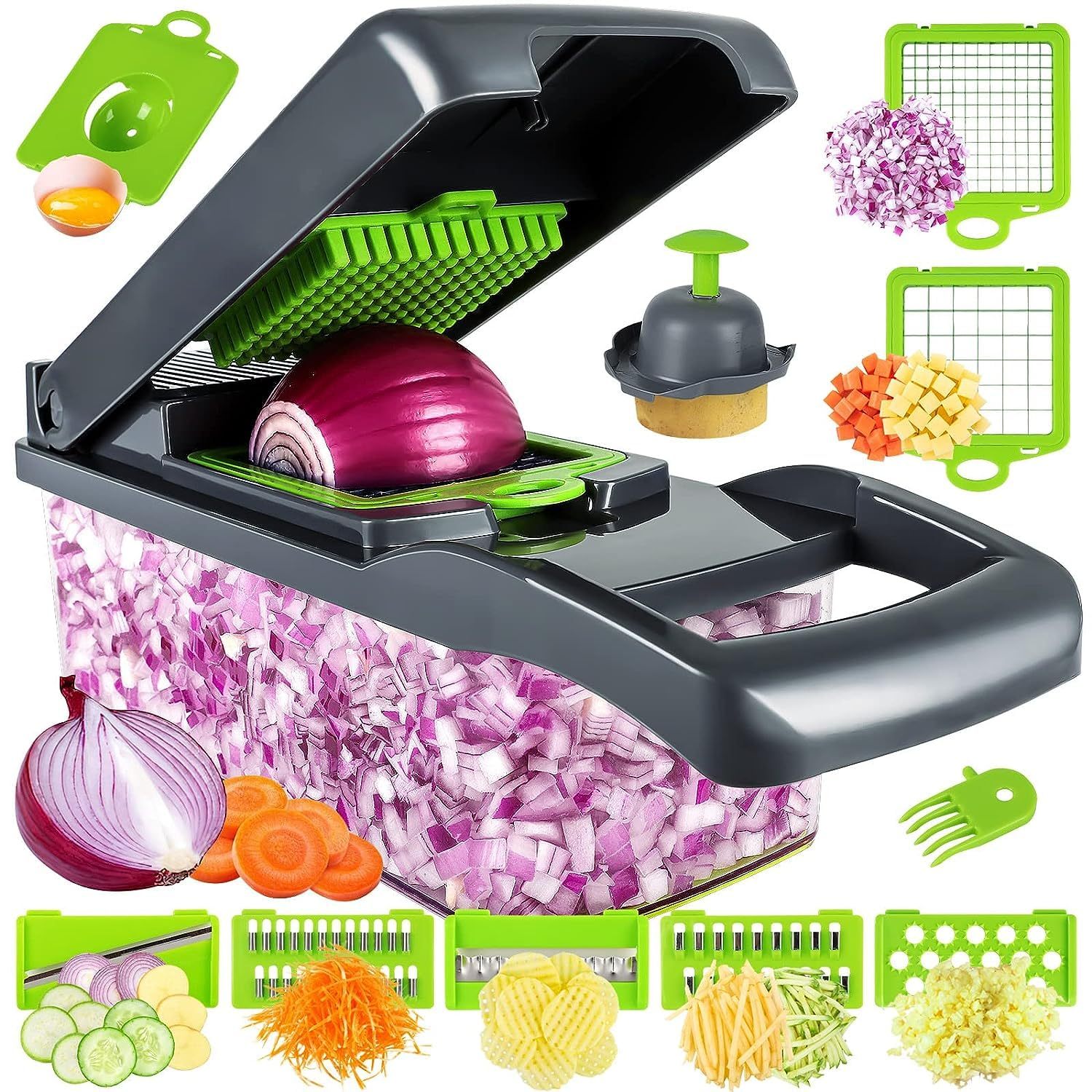 

17-in-1multifunctional Food Chopper, Vegetable Chopper, Pro Onion Chopper,kitchen Vegetable Cutter,veggie Chopper With 8 Blades,carrot And Garlic Chopper With Container (gray) Kitchen Gadgets