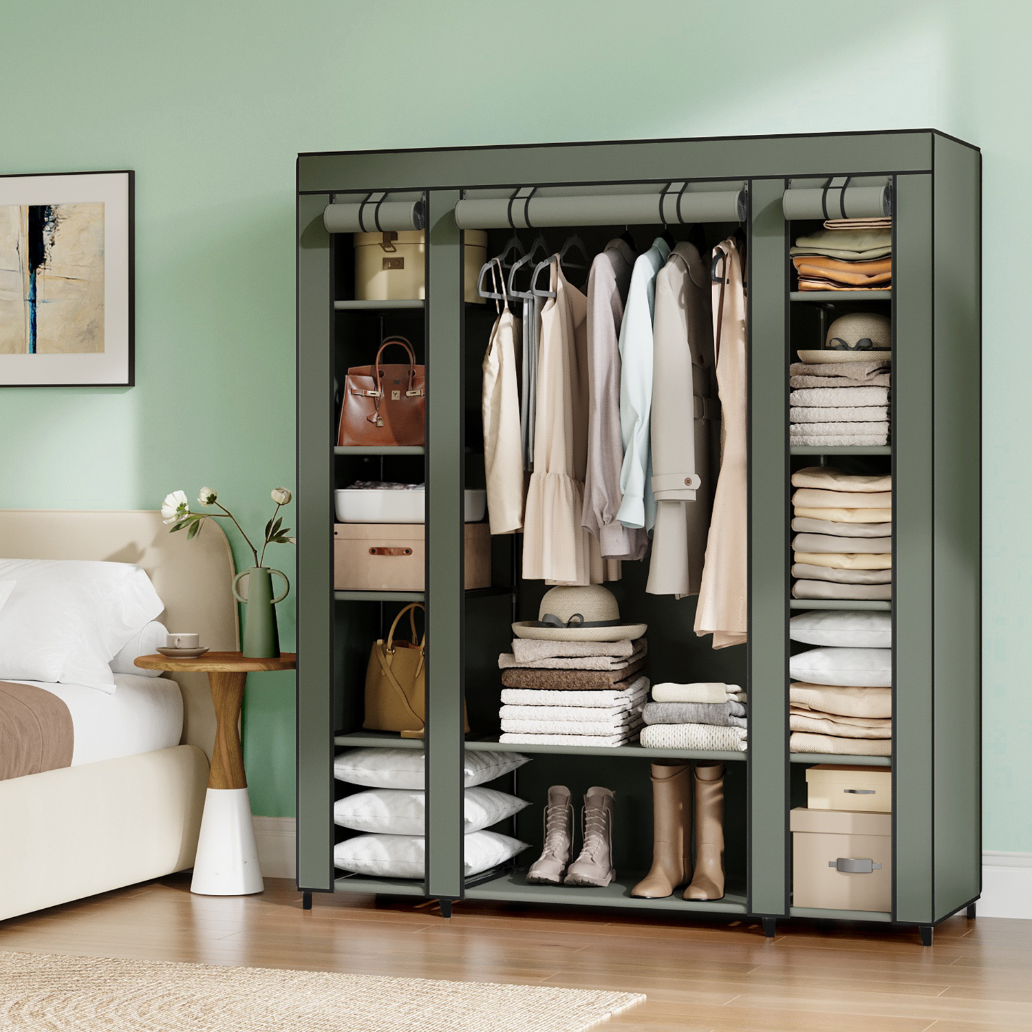 Image of Clothing Cabinet, Wardrobe With Fleece Cover, With Clothes Rail, 45 X 150 X 175 Cm, Metal Frame, Wardrobe For Bedroom