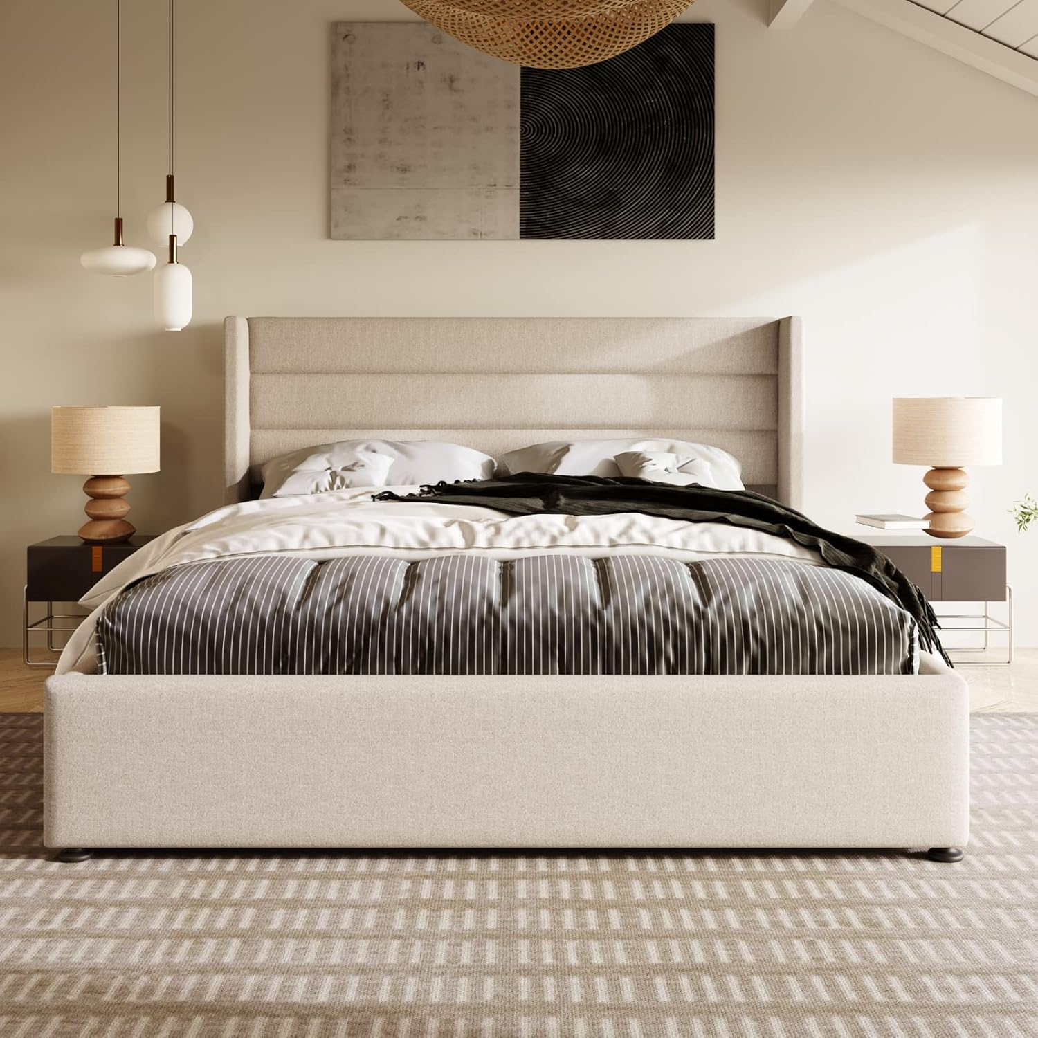 TEMU Lit capitonné, 160 x 200 cm, hydraulique, cadre de lit plate- rembourré avec espace de rangement, sommier à lattes en bois, beige, chambre ,