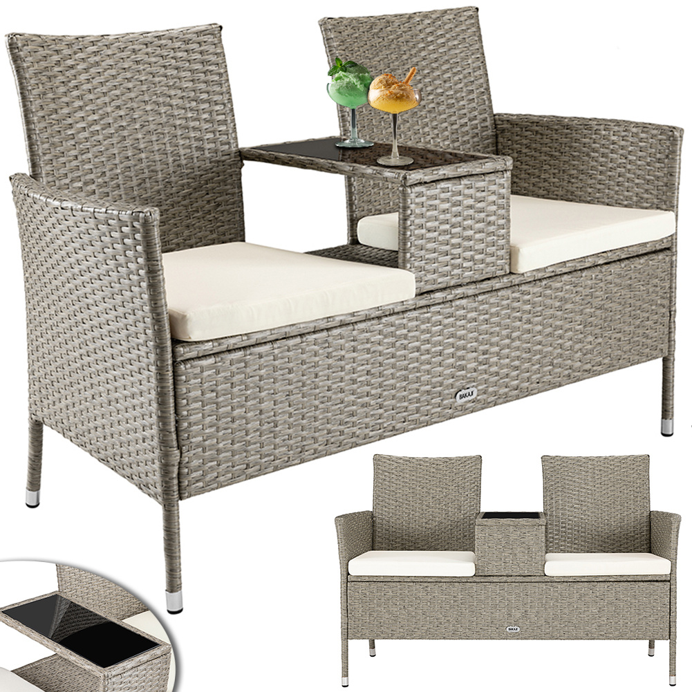 BAKAJI Buiten 2-zits poly rattan bank met ingebouwde tafel en kussens, weersbestendig en uv-bestendig tuinbank, 48,8 x 21,3 x 32,3 inch (123 x 54 x 82,5 cm)