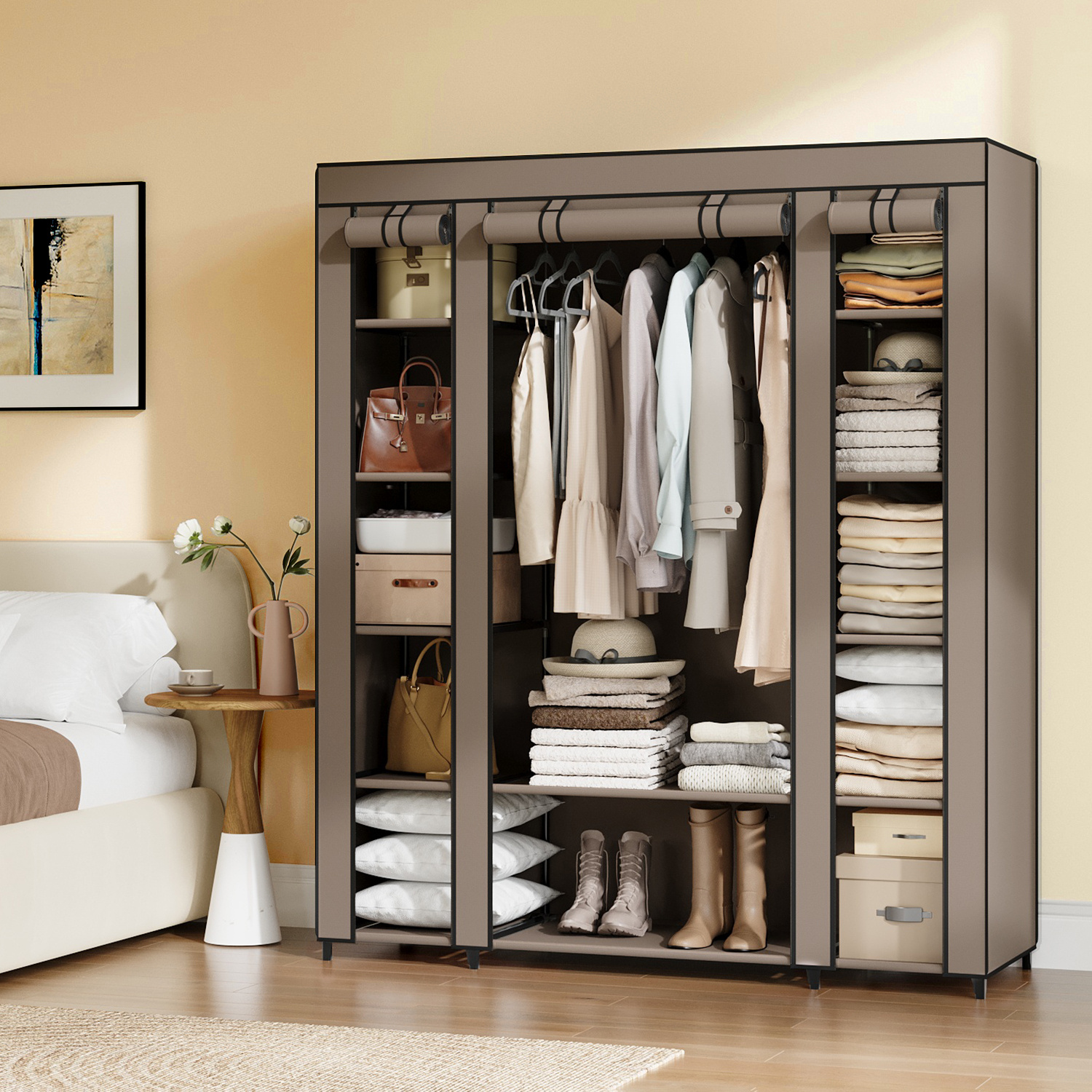 Image of Clothing Cabinet, Wardrobe With Fleece Cover, With Clothes Rail, 45 X 150 X 175 Cm, Metal Frame, Wardrobe For Bedroom