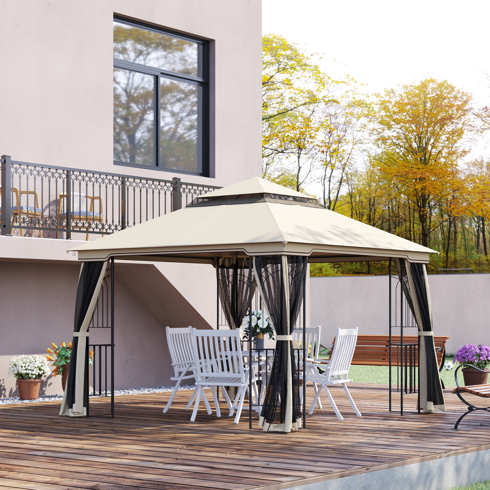 Image of Garden With Double Roof Garden Tent Party Tent With 4 X Side Wall Metal + Polyester Beige