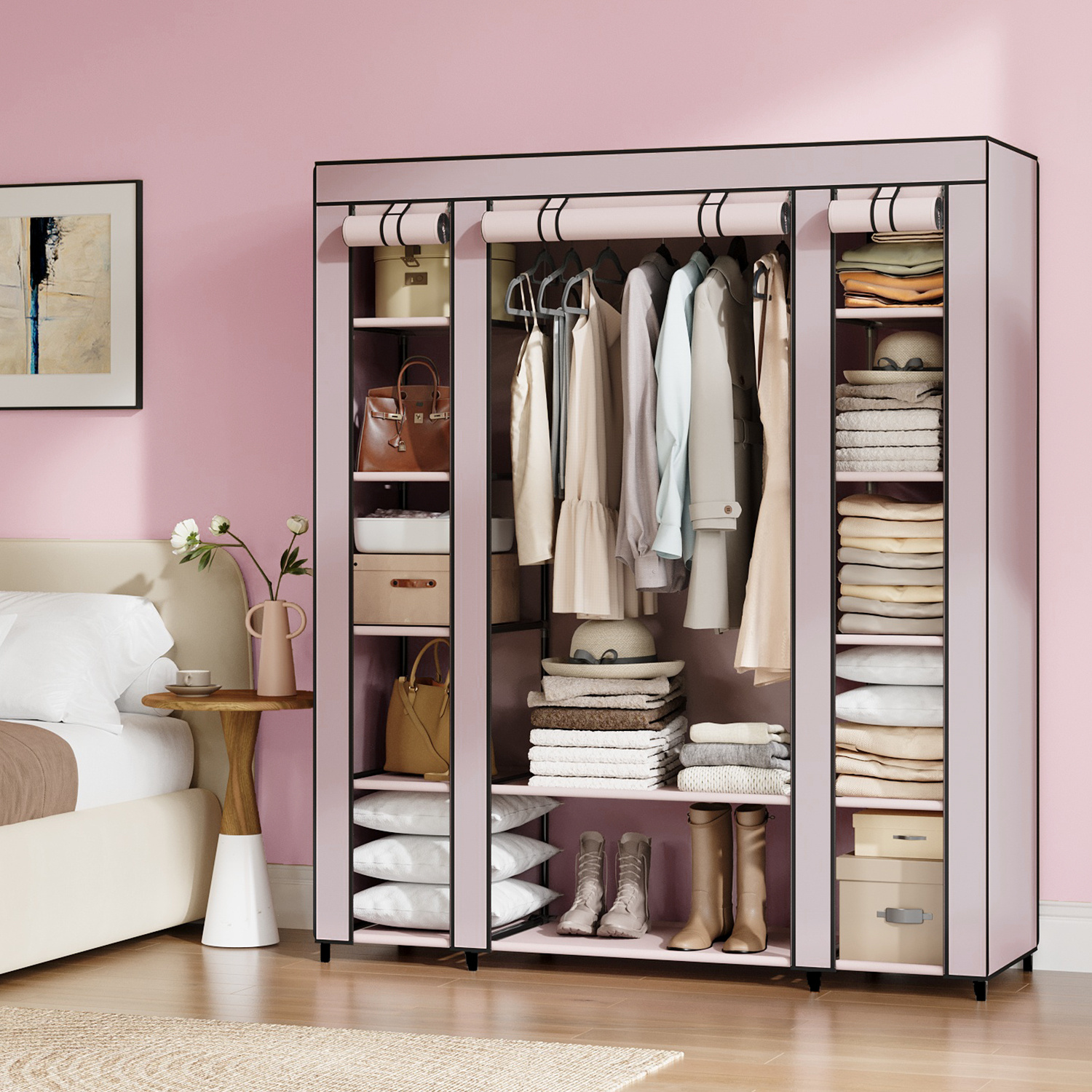 E-shop Stoffschrank, Kleiderschrank, mit Überzug aus Vliesstoff, mit Kleiderstange, 45 x 150 x 175 cm, Metallrahmen, Schrank fürs Schlafzimmer