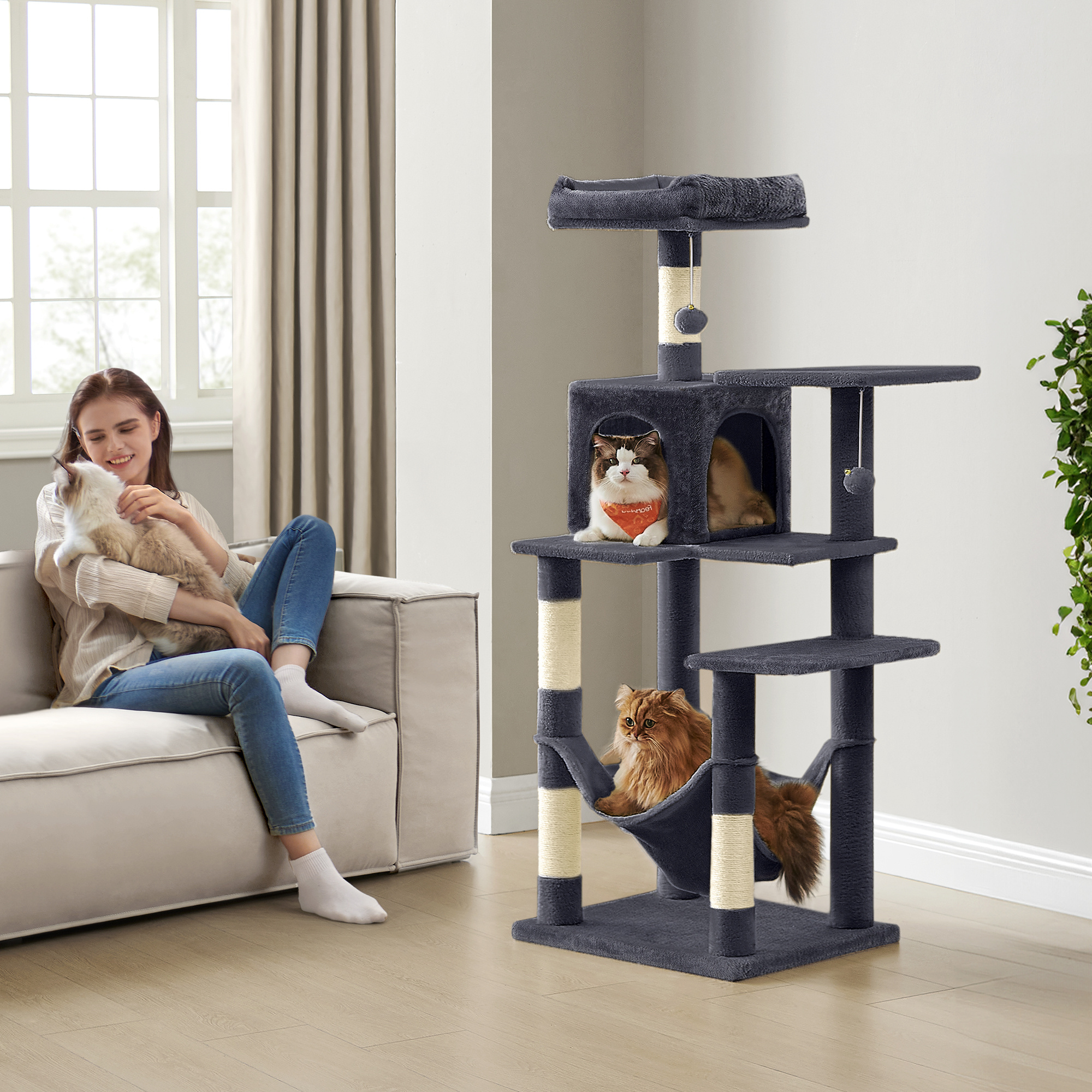 

Scratching Tree, 143 Cm High Cat Tree, Cat Scratching Tree, With Plush Balls, Scratching Posts, Platforms, Hammock, Cave