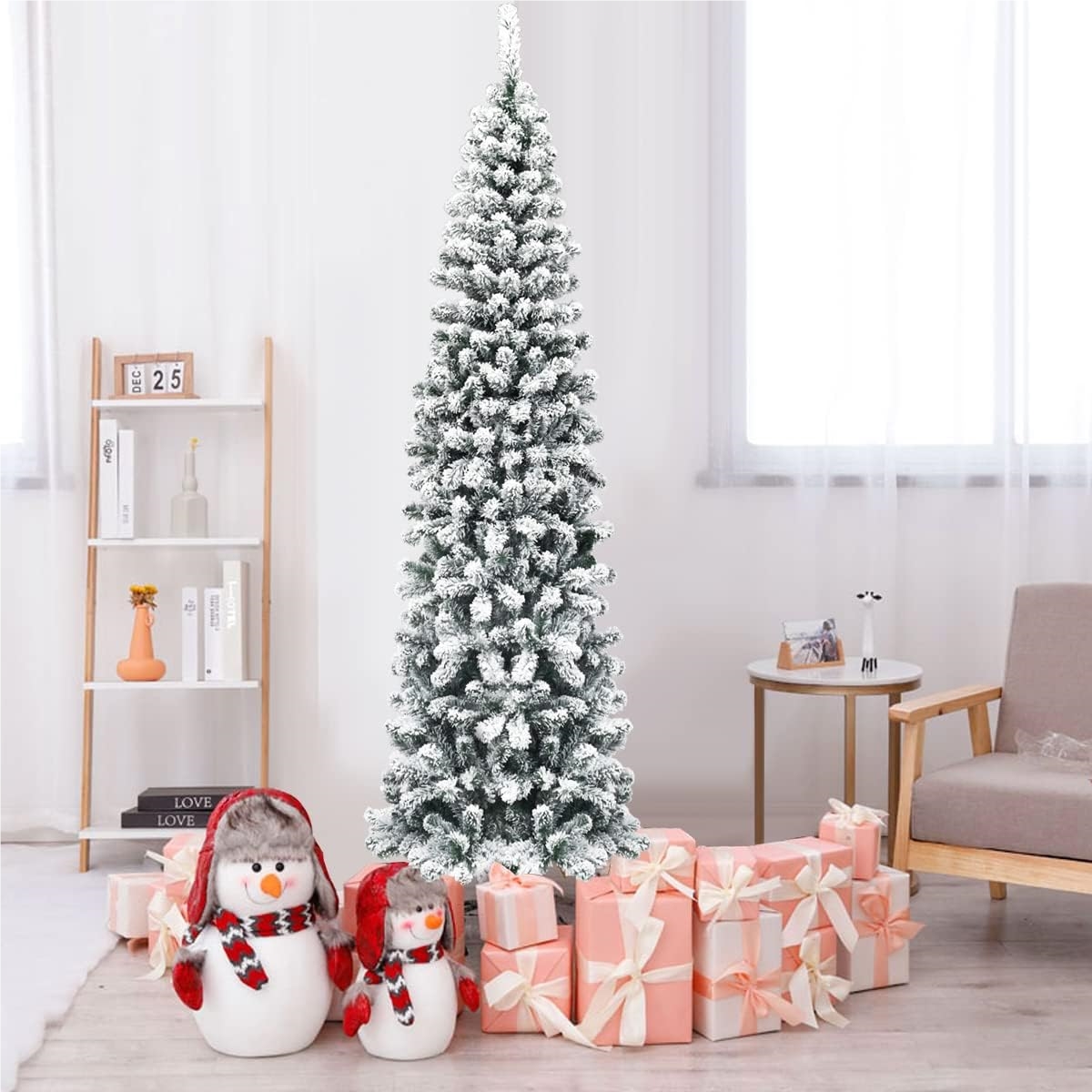 180cm Pencil Christmas Tree With Snow, Artificial With Metal Stand, Pvc Needle Christmas Tree, Folding System Green Artificial Christmas Tree