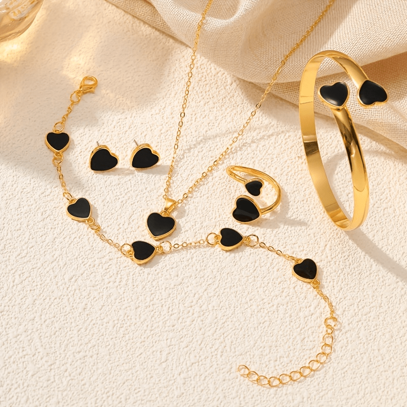 TEMU 1 Pair Of Stunning Earrings+1 Necklace+1 Bracelet+1 Bracelet+1 Ring - Full Set Of Flower Or Peach Heart ( ) Design Alloy Jewelry, Artificial