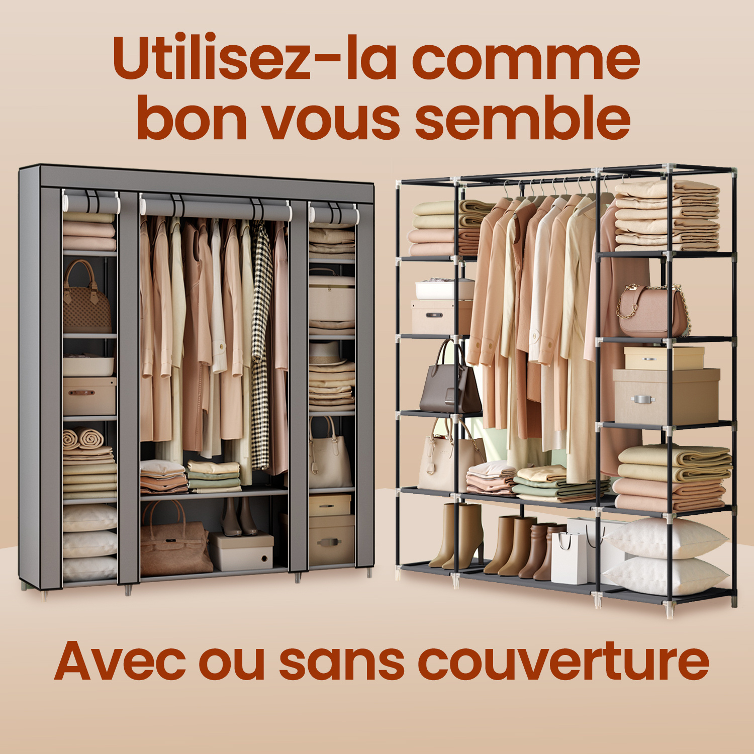 Armoire De Rangement en Tissu Portable, Penderie Dressing en Toile avec Tringle À Vêtements, 2 Tiroir, Armoire Chambre, Armoire Penderie pour Vestiaire,C-100x45x172cm
