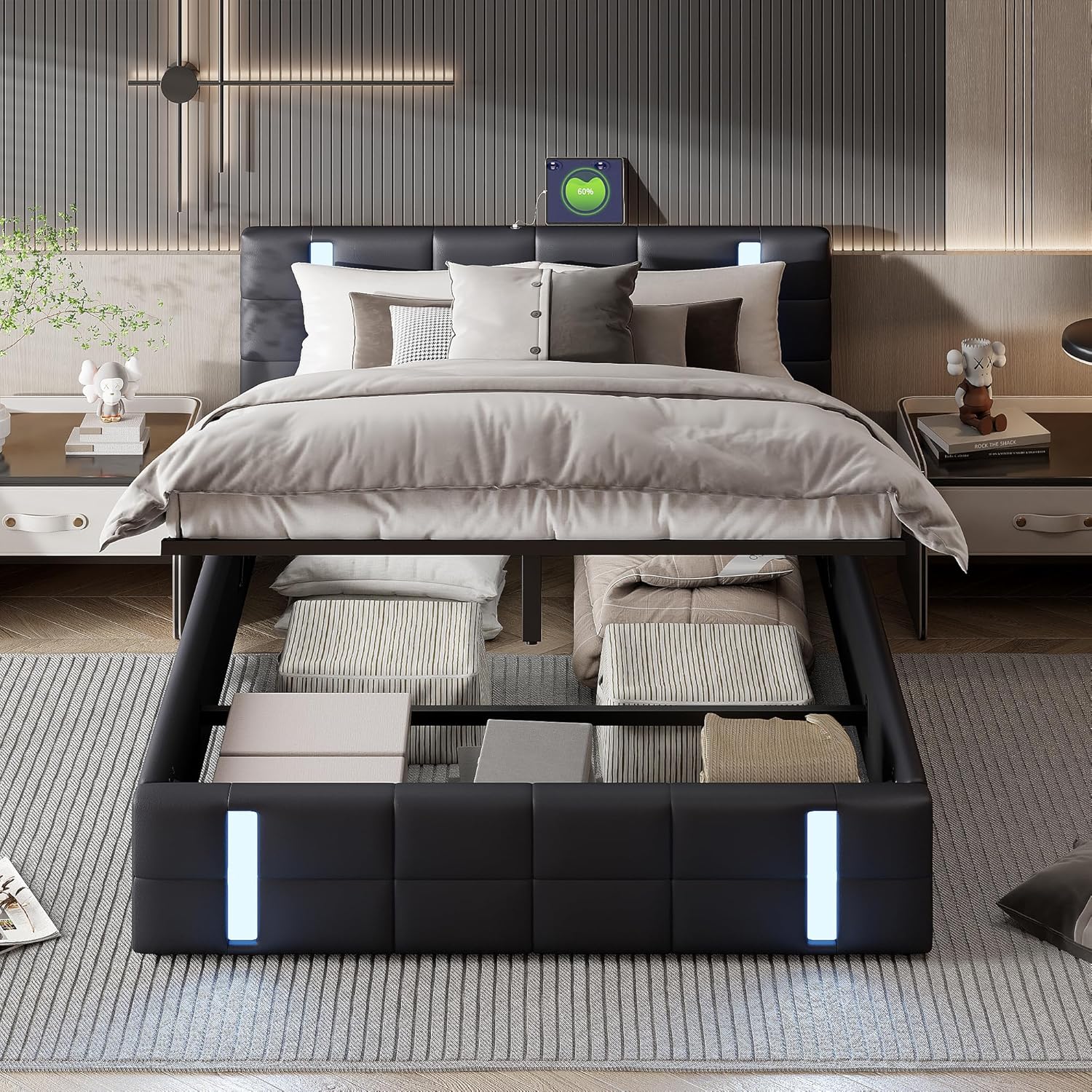 Image of Upholstered Bed Frame, 160x200cm Bed Frame, Double Bed With Hydraulic Storage, With Lamp And 2 Usb Ports (black, 160x200cm), Dwec.f45sa6g