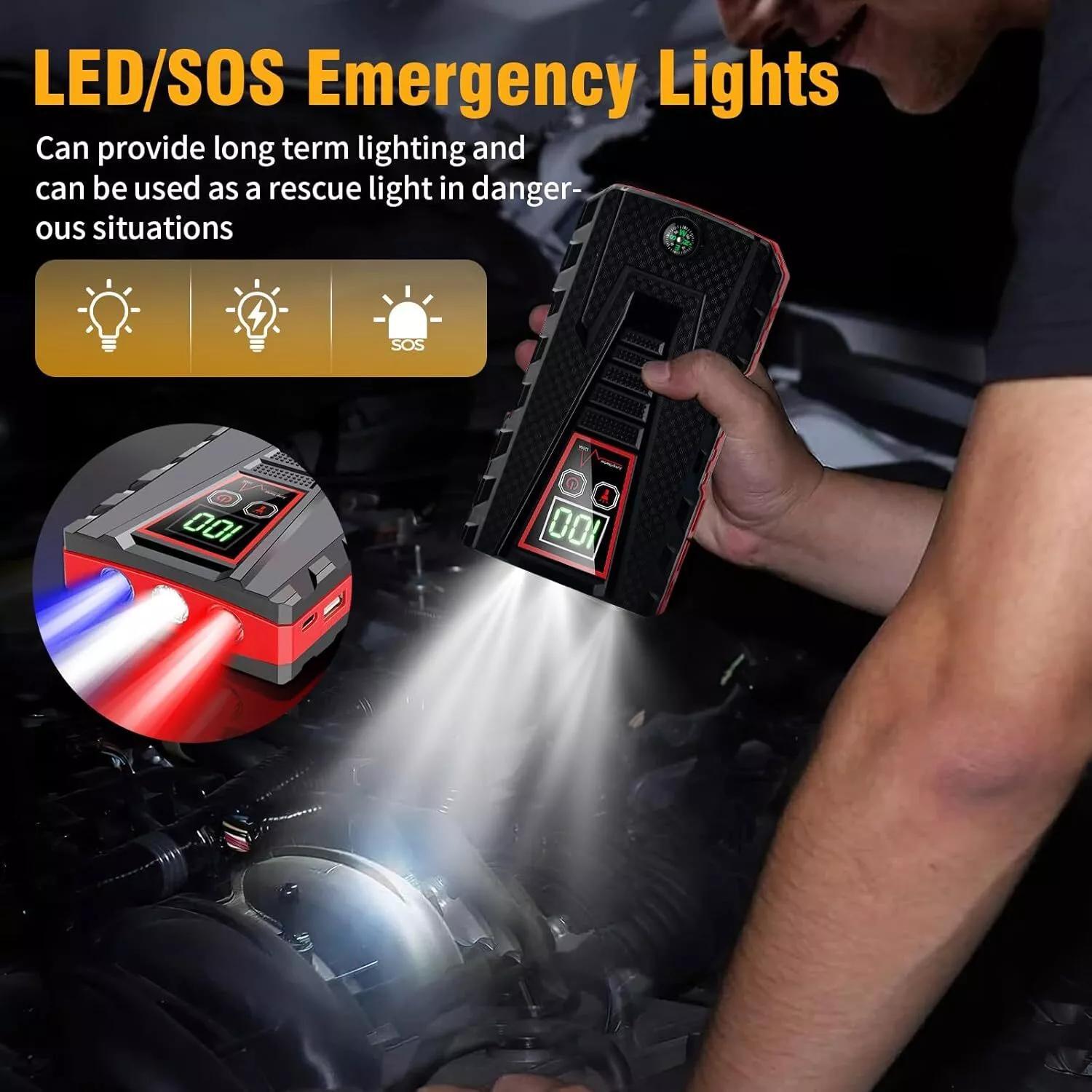 ultra powerful portable car starter emergency booster power bank for petrol dual interface   led flashlight multi purpose lcd display compass details 3