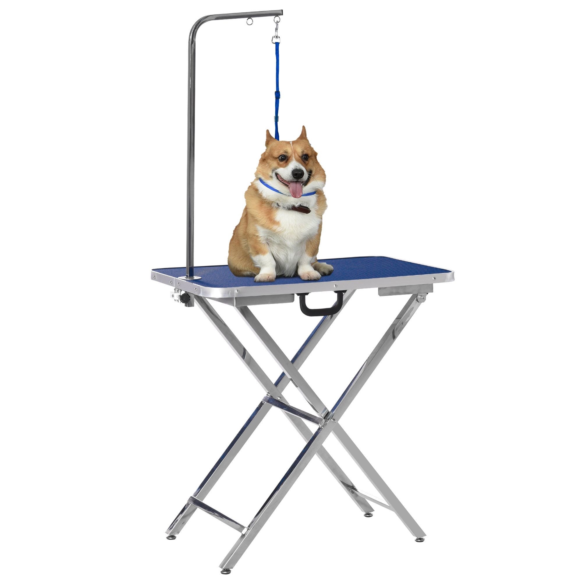 Image of Adjustable Height Pet Grooming Table With Non-slip Countertop, Foldable Stainless Steel Legs, And Adjustable Arm – 72x45x74-81 Cm, Blue